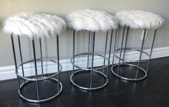 Three Vintage Chrome Tubular Bar Stools in Fox Fur