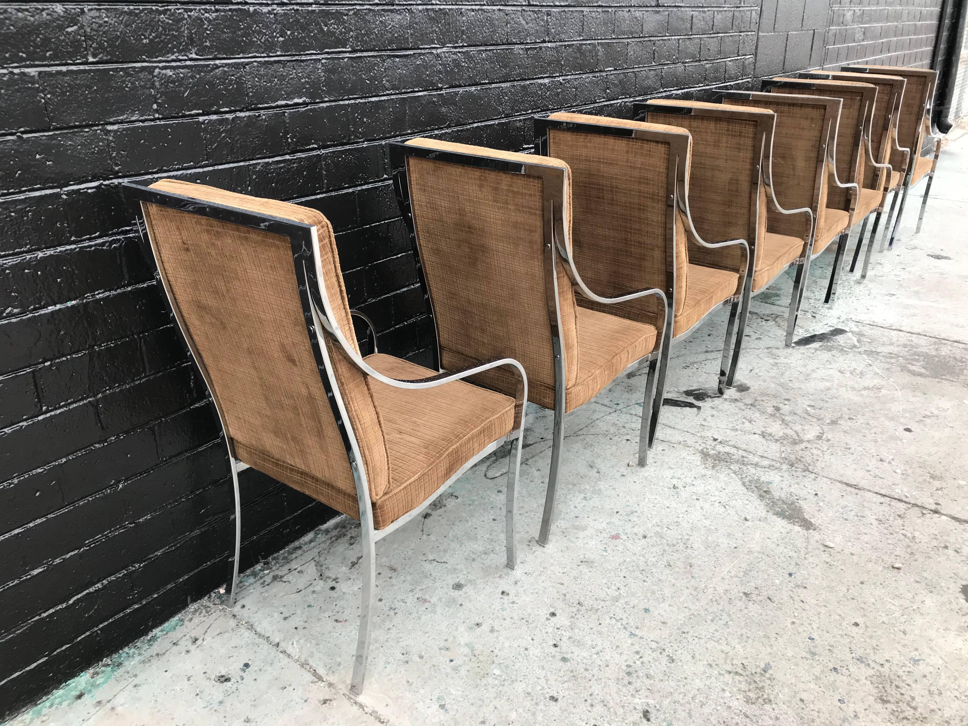 Mid-Century Modern Set of Eight Chrome and Velvet Dining Chairs