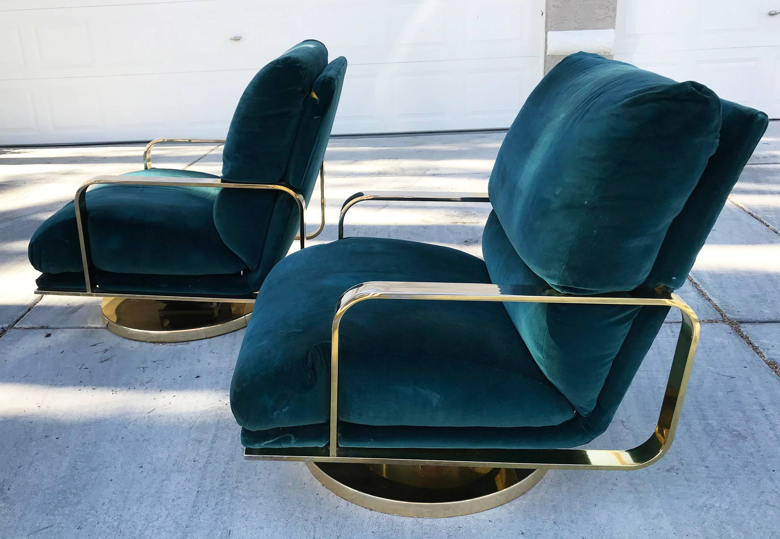 Mid-Century Modern Rare Milo Baughman Brass Base Swivel Lounge Chairs, Pair