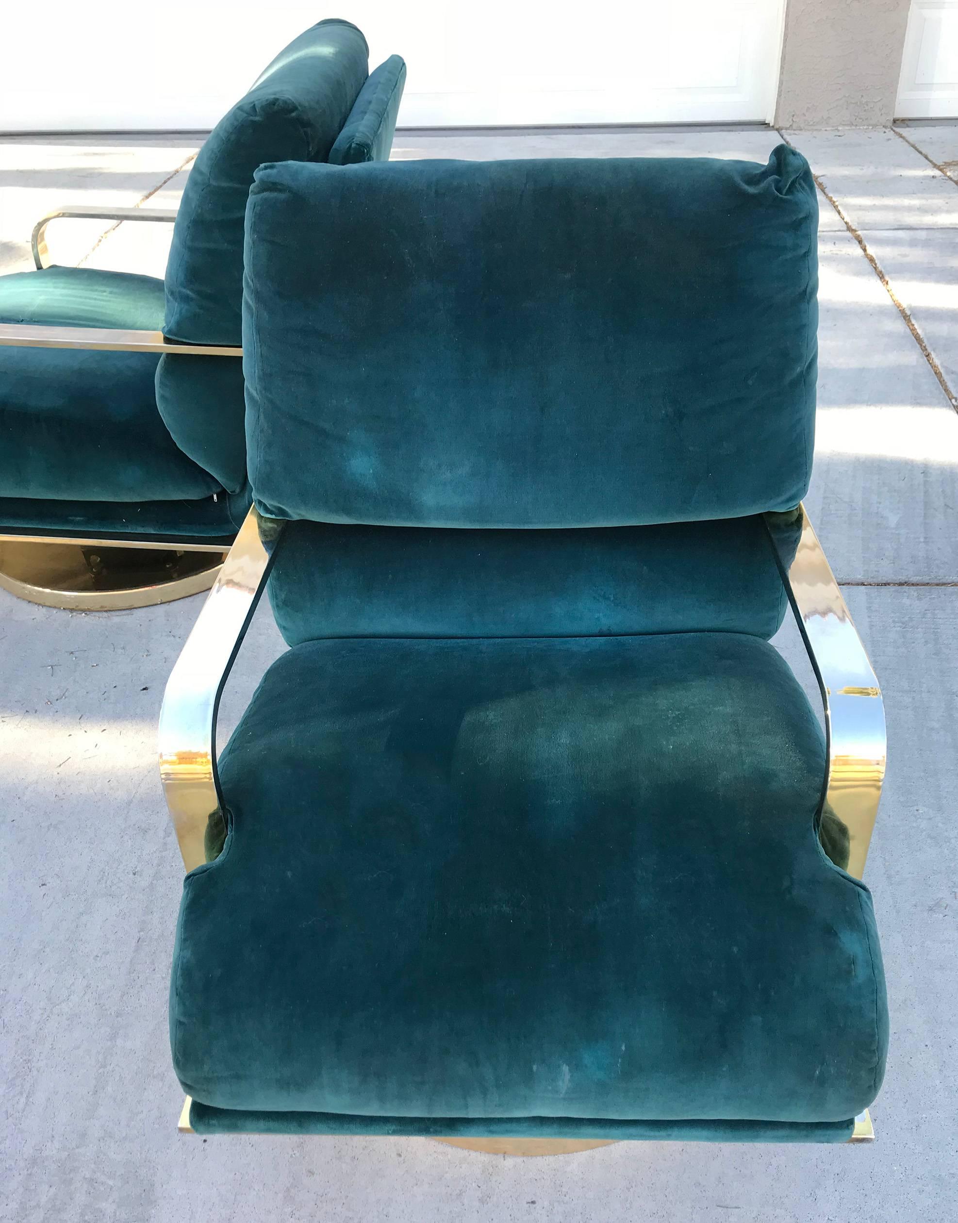 American Rare Milo Baughman Brass Base Swivel Lounge Chairs, Pair