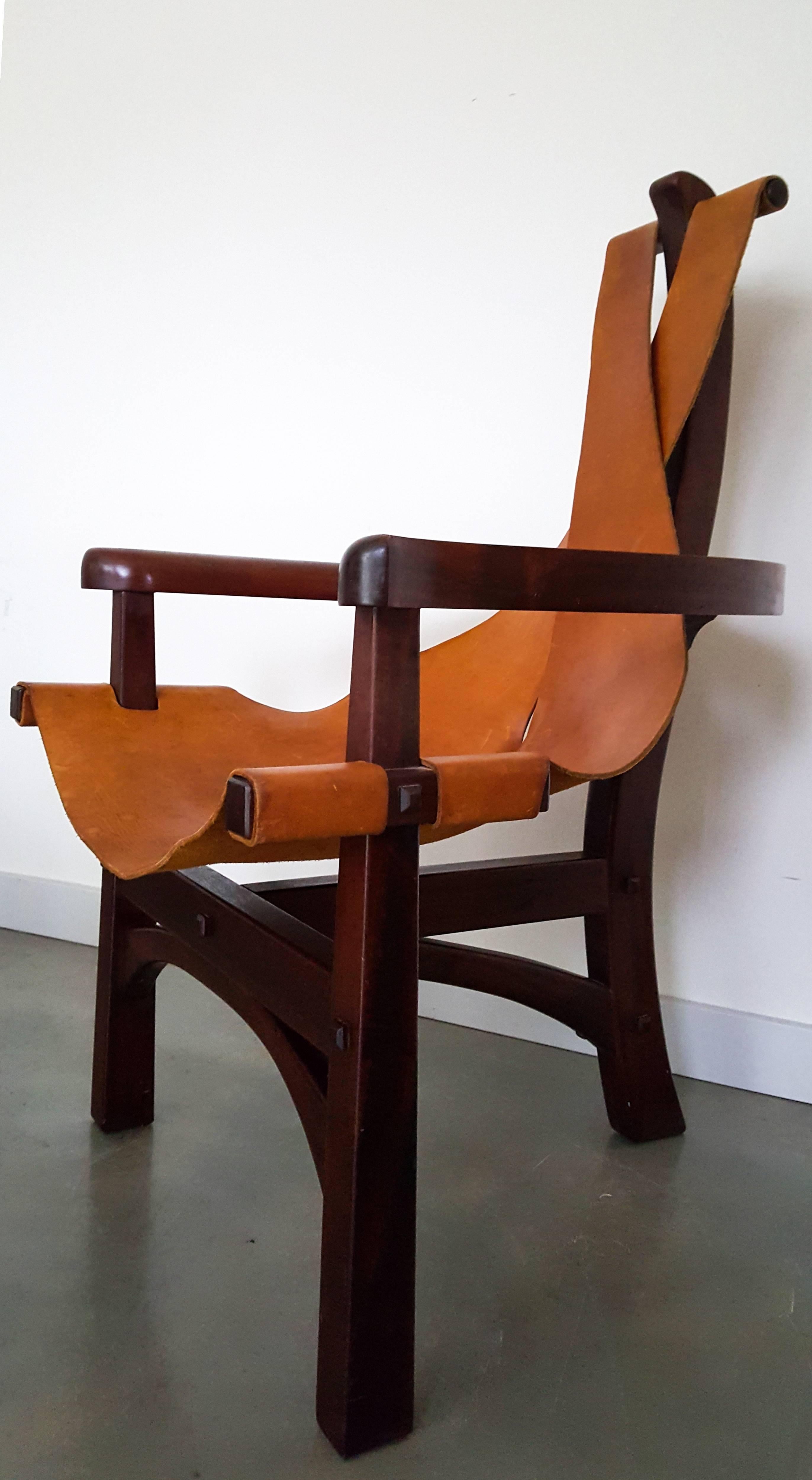 American Pair of Three-Legged Arts and Crafts Slung Leather Lounge Chairs