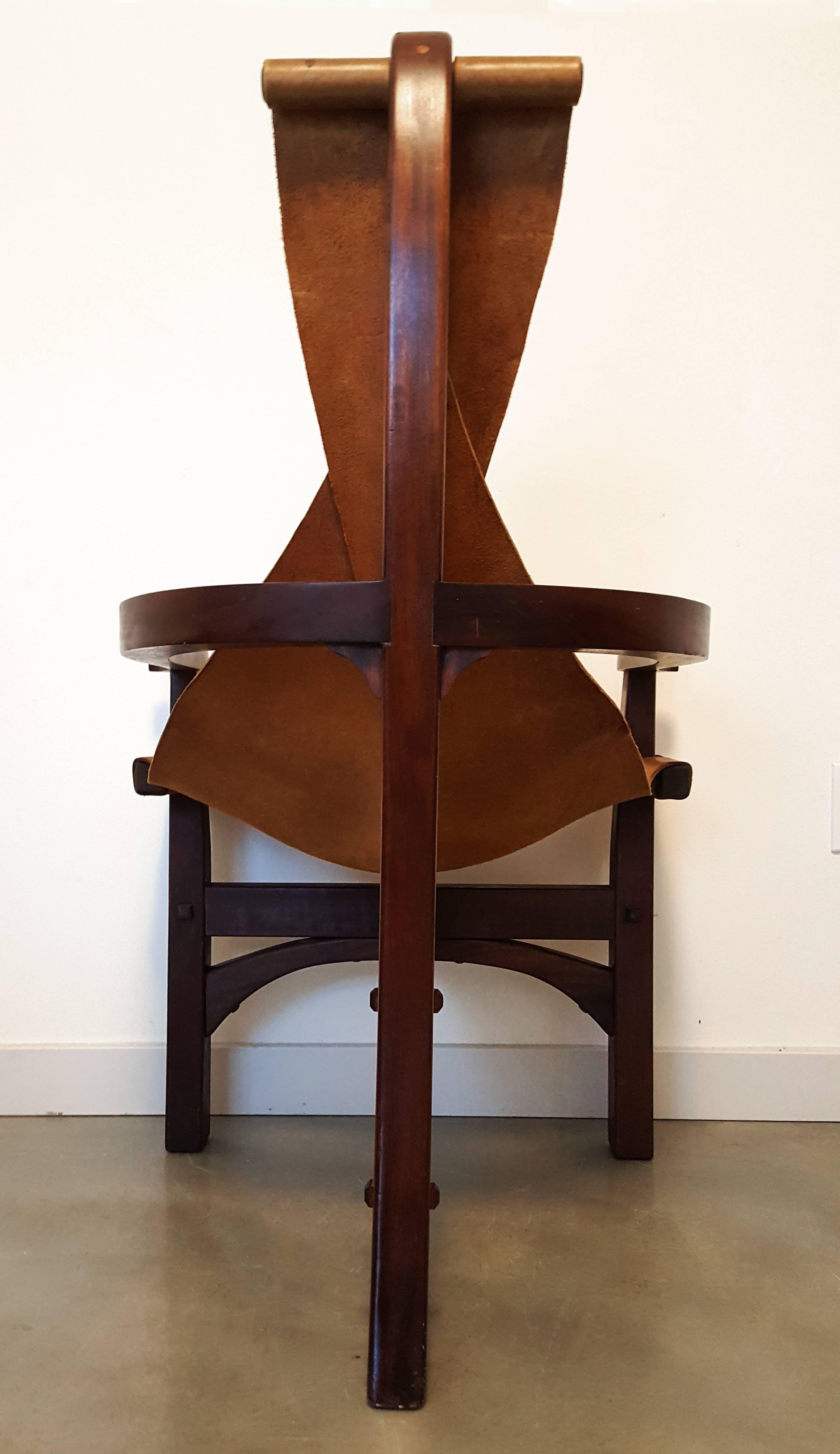 Pair of Three-Legged Arts and Crafts Slung Leather Lounge Chairs In Excellent Condition In Culver City, CA