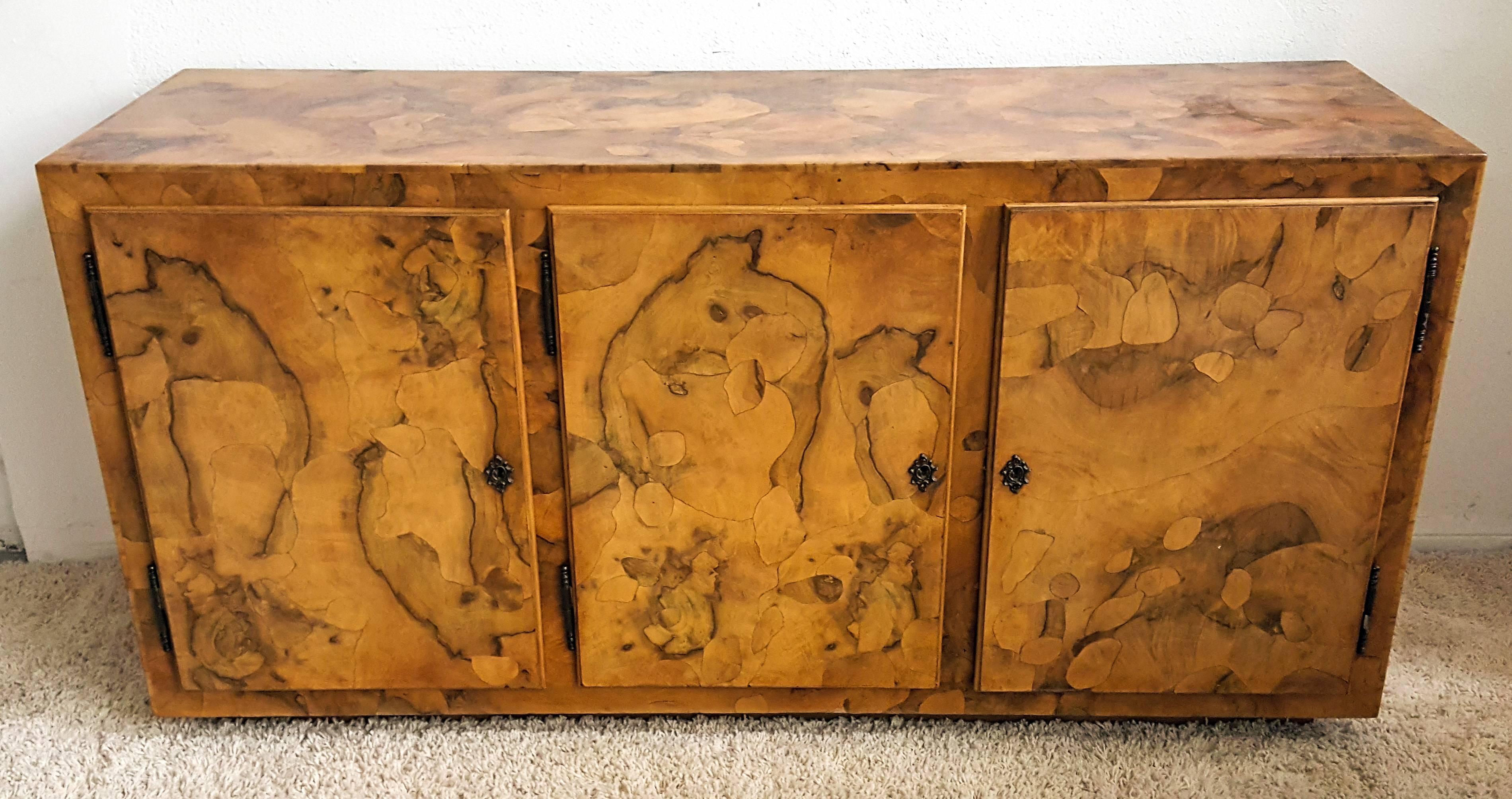 1970s Italian Patchwork Burl Credenza In Excellent Condition In Culver City, CA