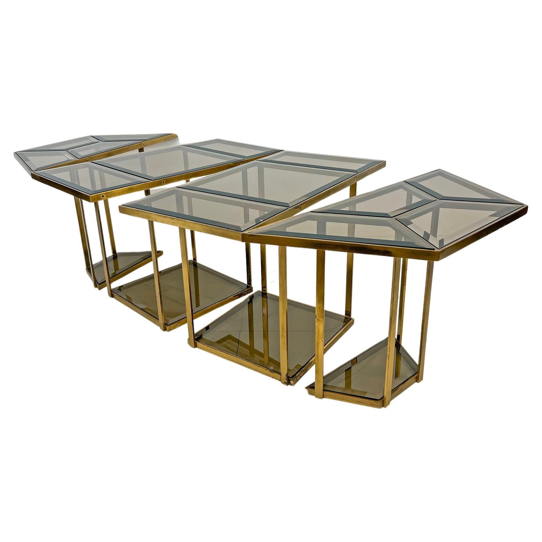Smoked Glass Brass Puzzle Dining Table, Italy, 1970's For Sale