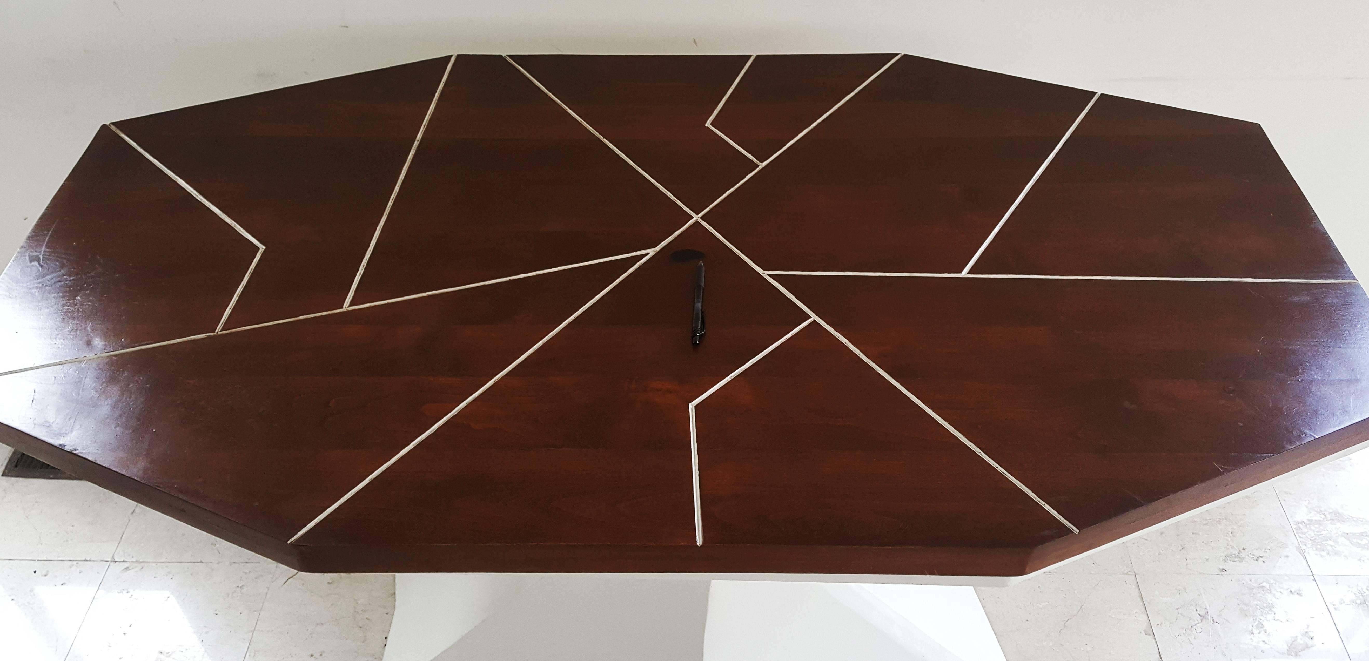 A stunning original design by Alberto Vieyra, "White Dining Table" is a stunning modern "white veined" dining table with a lacquered asymmetrical base. Could also be used as a desk or display table.