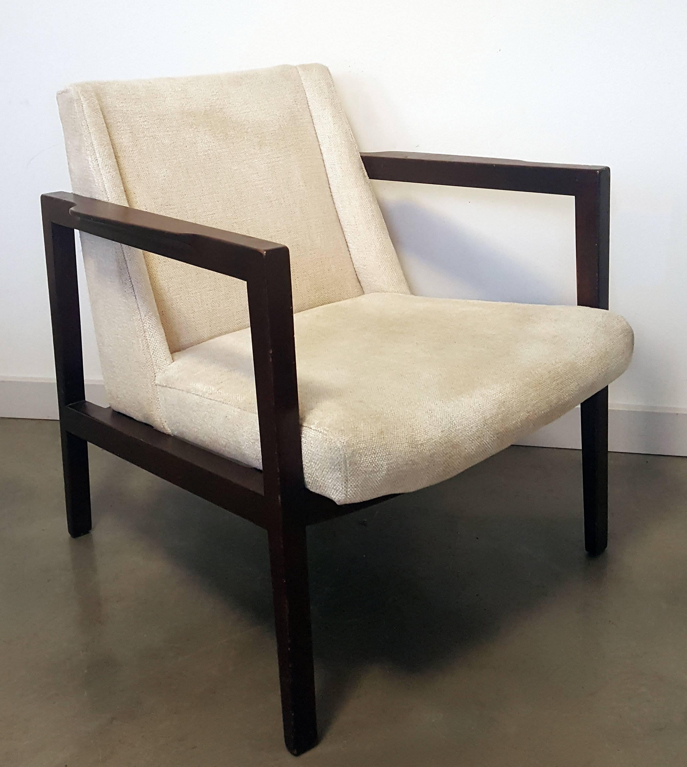 Open-frame lounge chair by Edward Wormley for Dunbar. Features espresso stained mahogany and original cream chenille fabric.