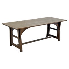 American Arts and Crafts Solid Oak Trestle Dining Table, 1960's