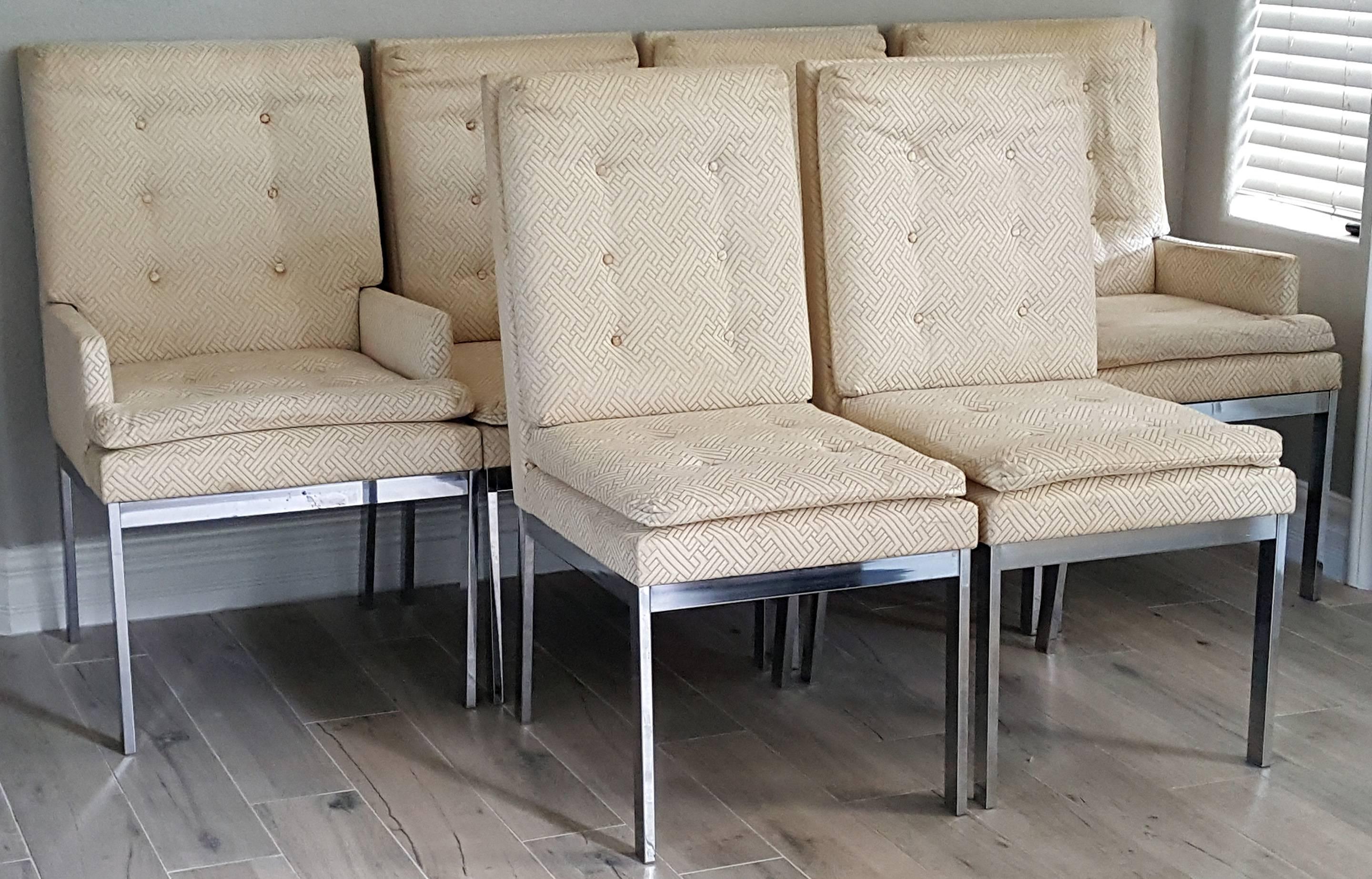 A set of six Milo Baughman for Design Institute of America chrome frame dining chairs, all with original tags and fabric. The set features two armchairs, as well as four matching side chairs.

The frames of the chairs are in excellent condition