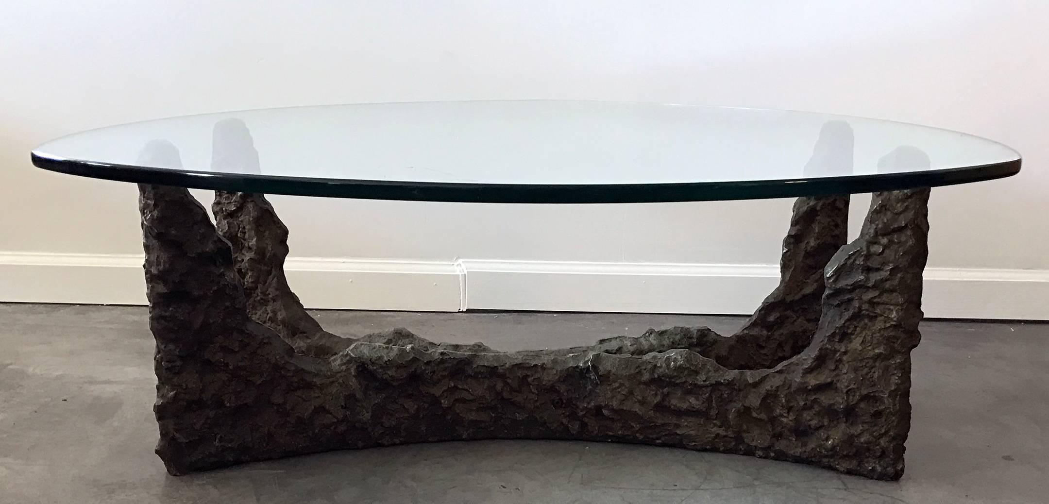 Glass Mid-Century Bronze Brutalist Coffee Table in the Manner of Paul Evans