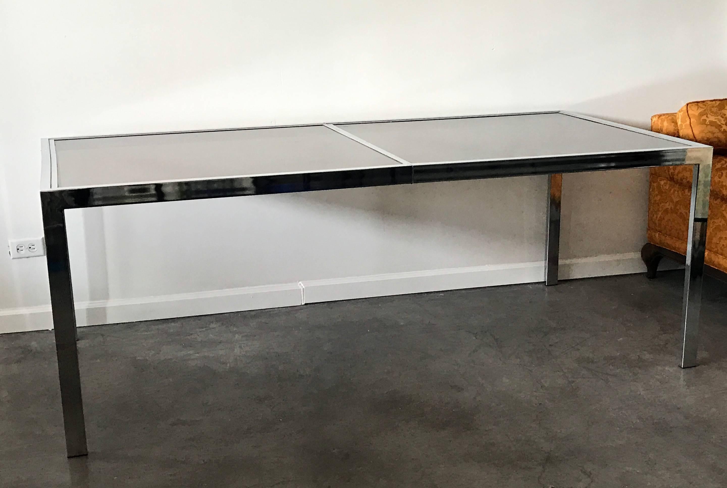 Mid-Century Modern Smoked Glass and Chrome Dining Table or Desk Attributed to Milo Baughman