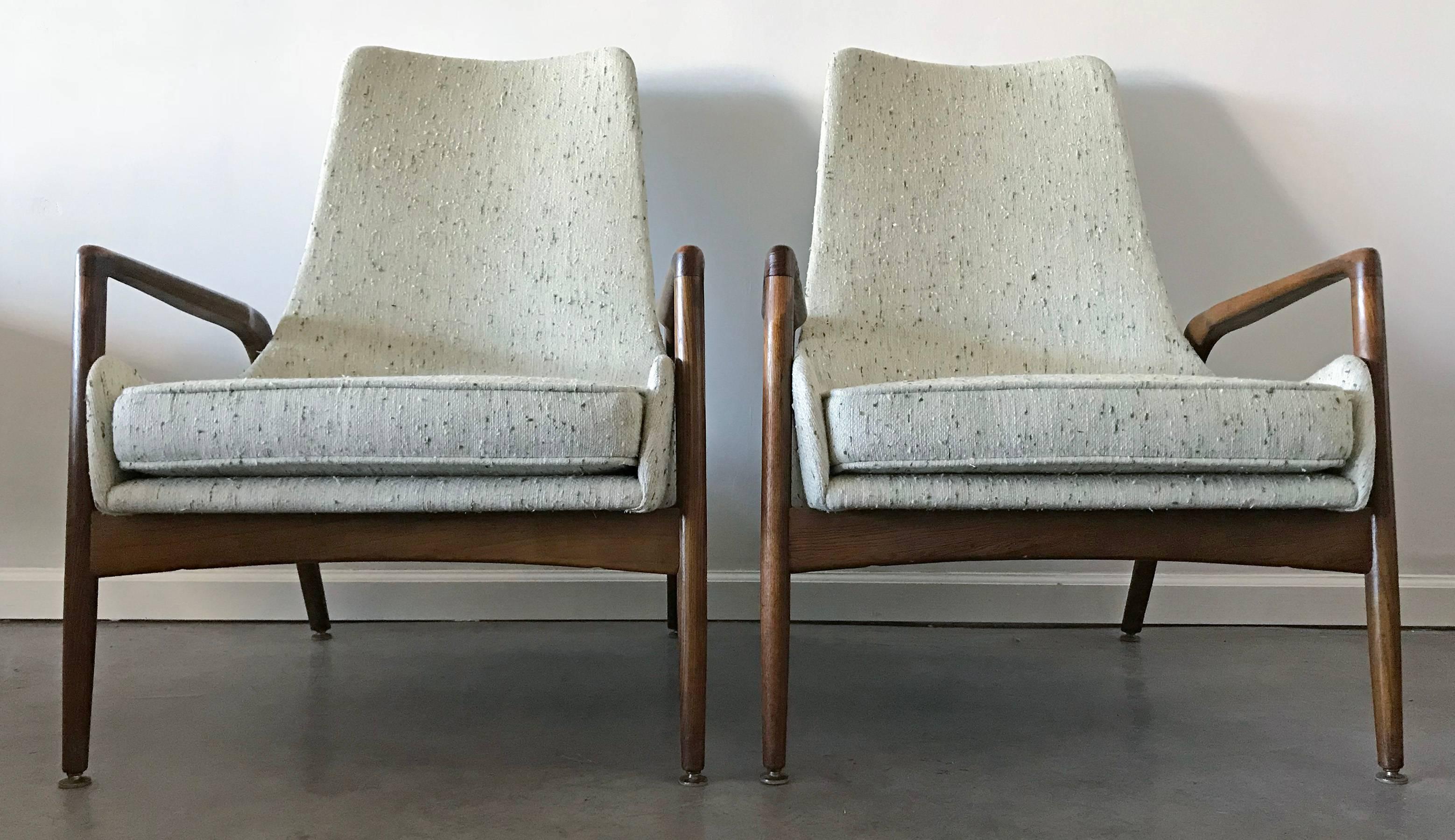 Walnut Early Pair of Ib Kofod Larsen High Back Lounge Chairs
