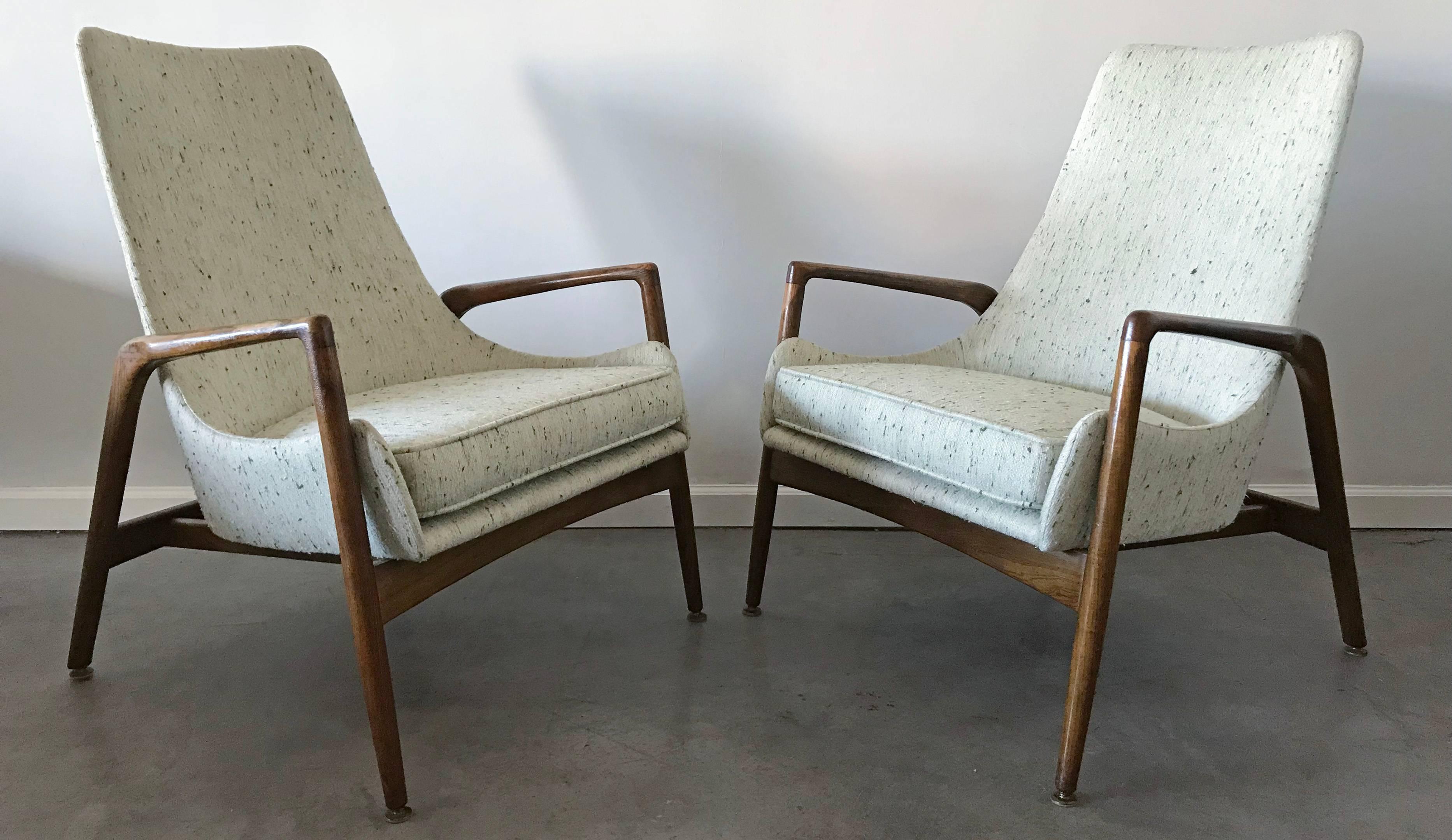 Mid-20th Century Early Pair of Ib Kofod Larsen High Back Lounge Chairs