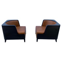 Pair of Art Deco Black Lacquered and Leather Chairs