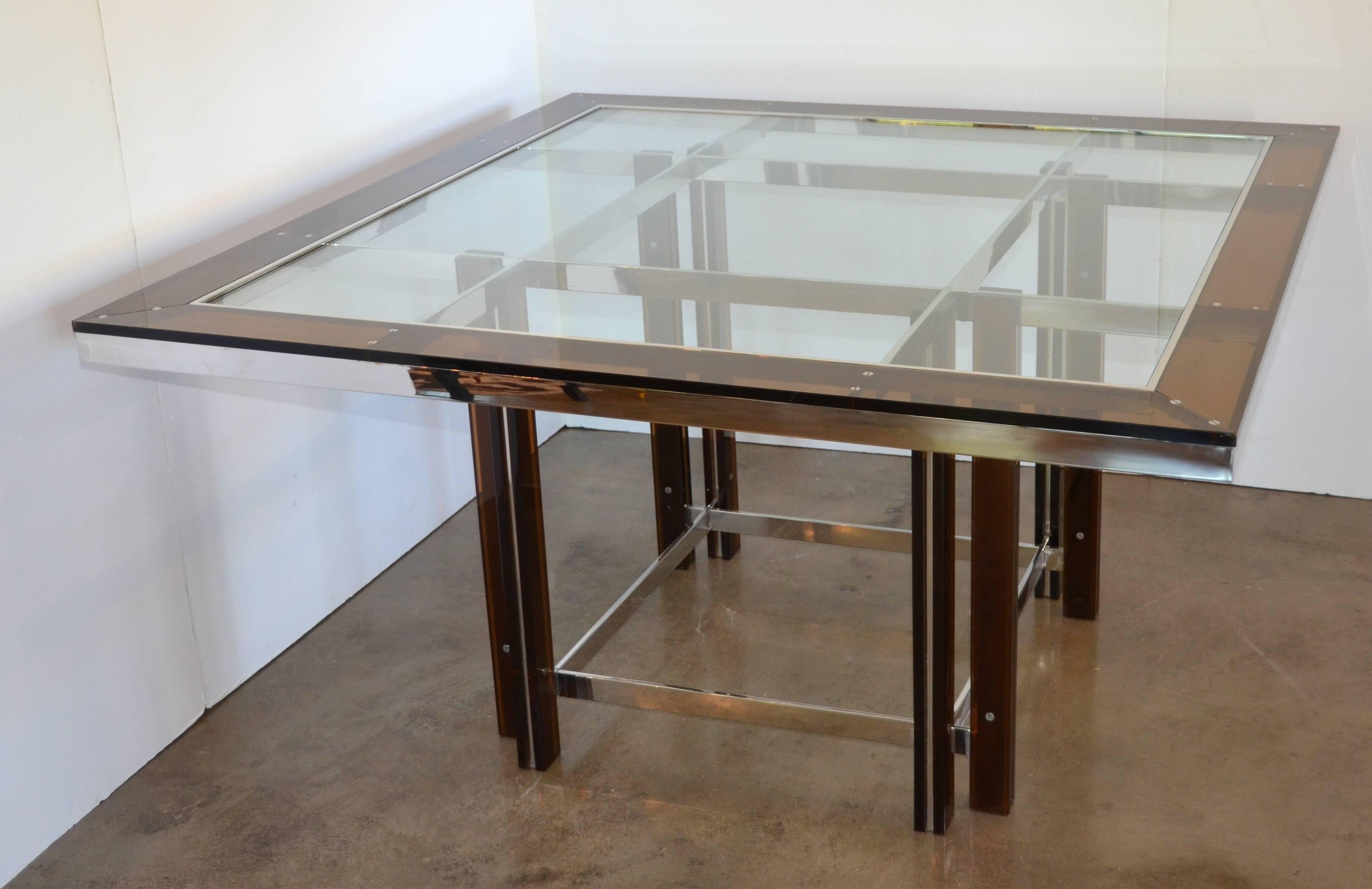 Italian Amber Lucite and Chrome Square Dining Table, Italy, 1970s