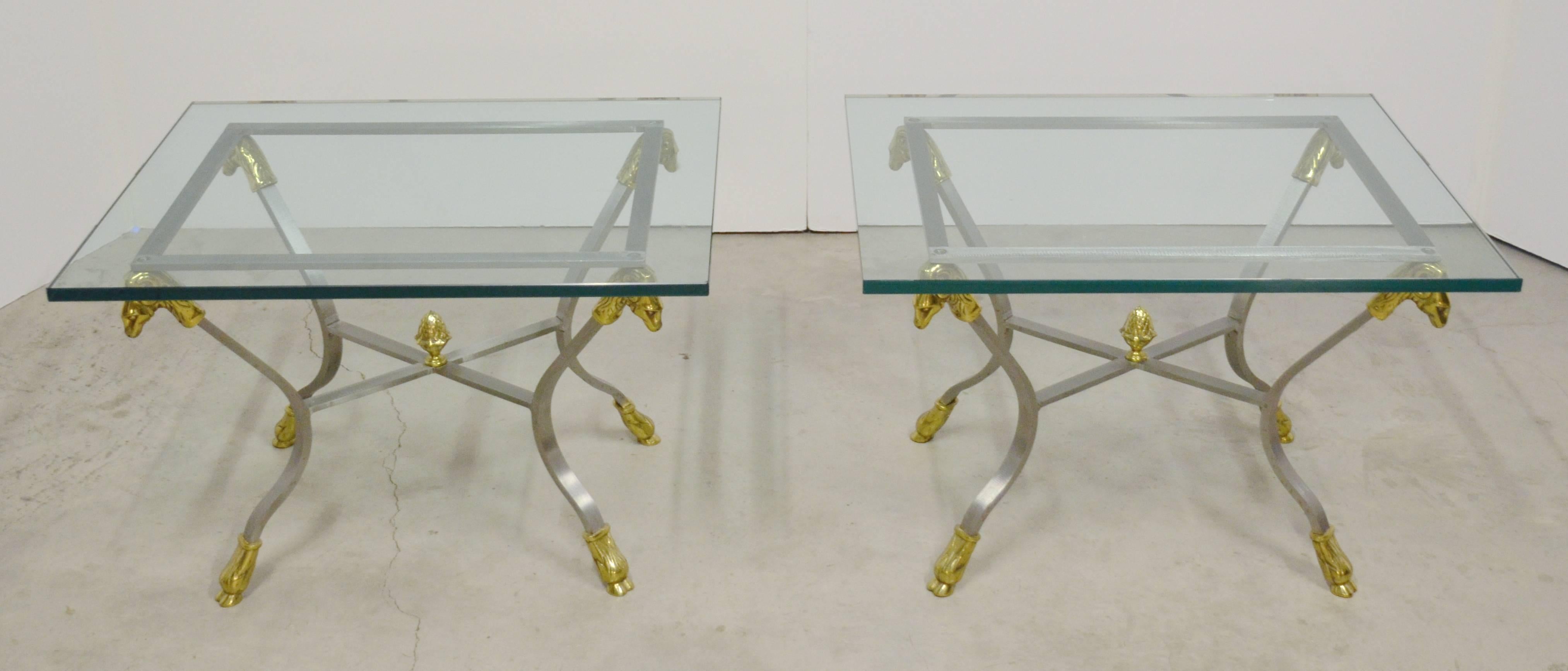 Jansen Style Pair of Steel, Brass and Glass Side Tables 1