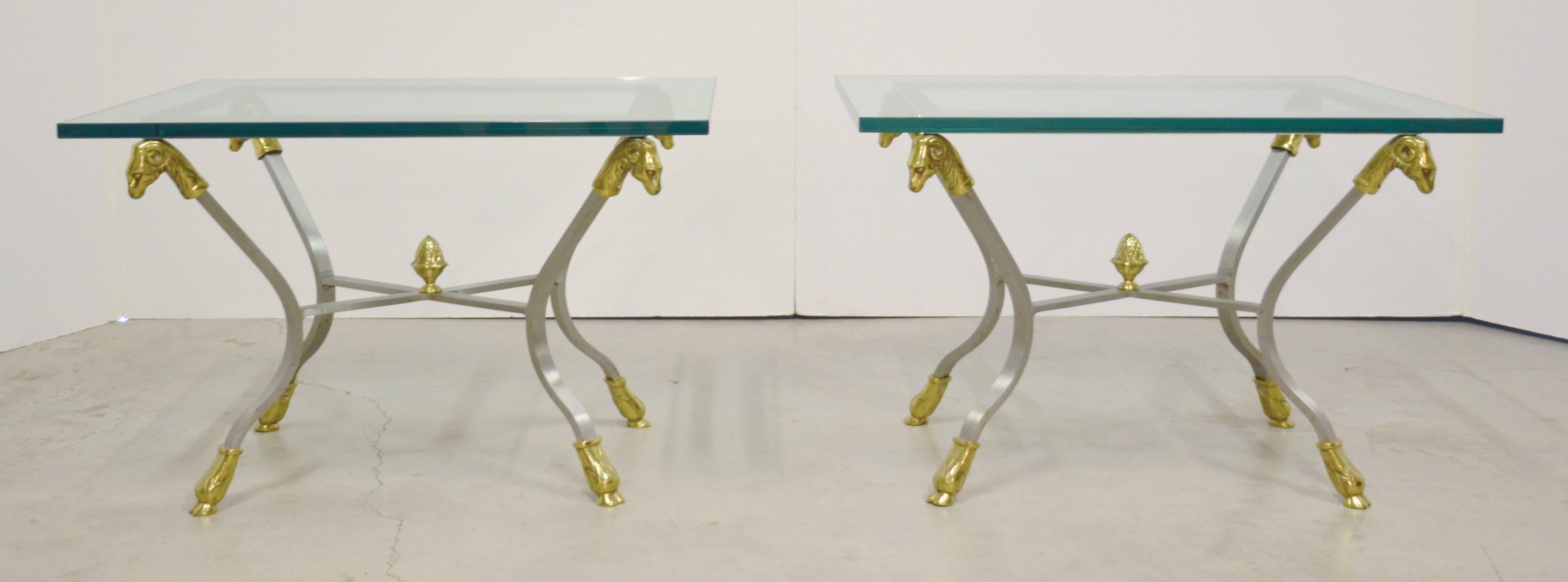 Jansen Style Pair of Steel, Brass and Glass Side Tables In Good Condition In Austin, TX