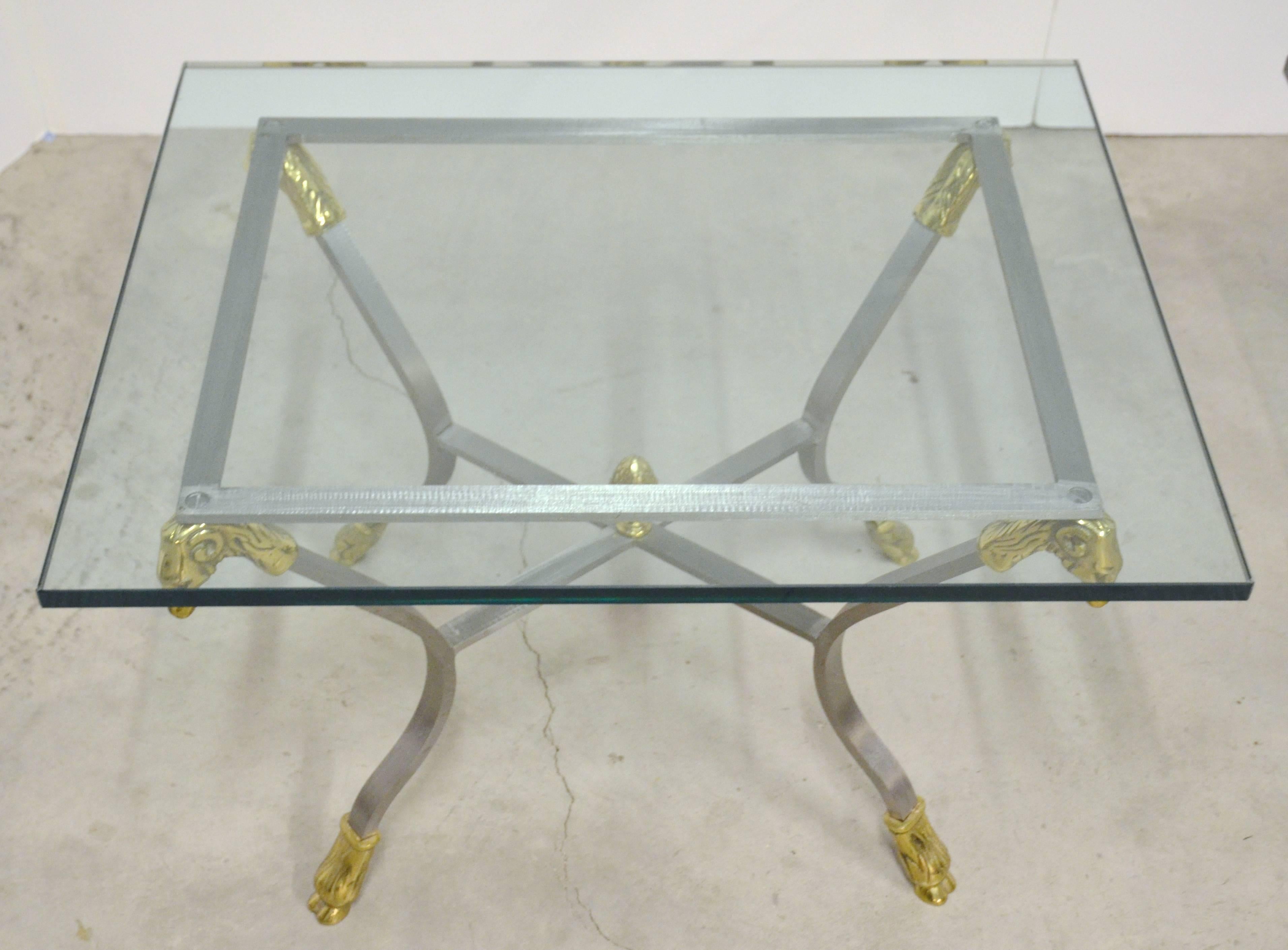 Late 20th Century Jansen Style Pair of Steel, Brass and Glass Side Tables