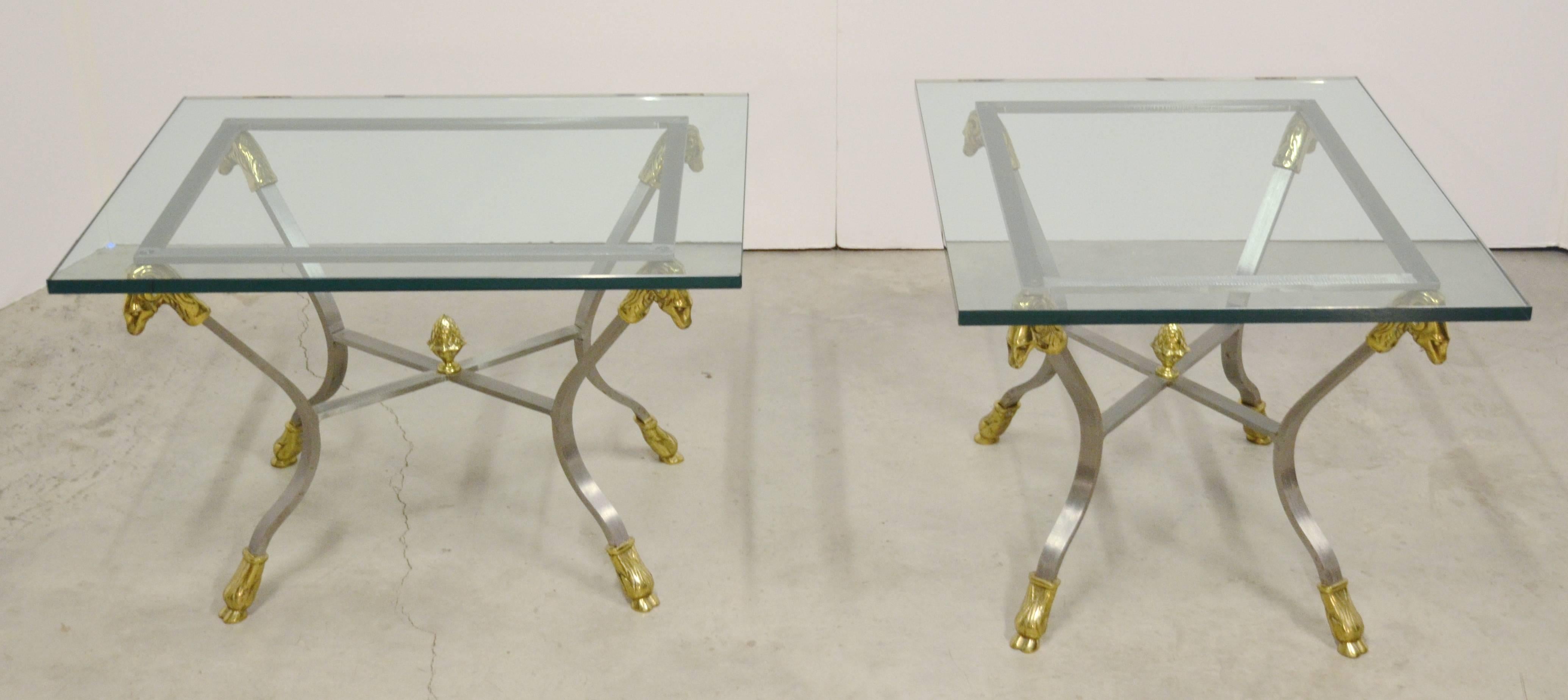 Italian Jansen Style Pair of Steel, Brass and Glass Side Tables