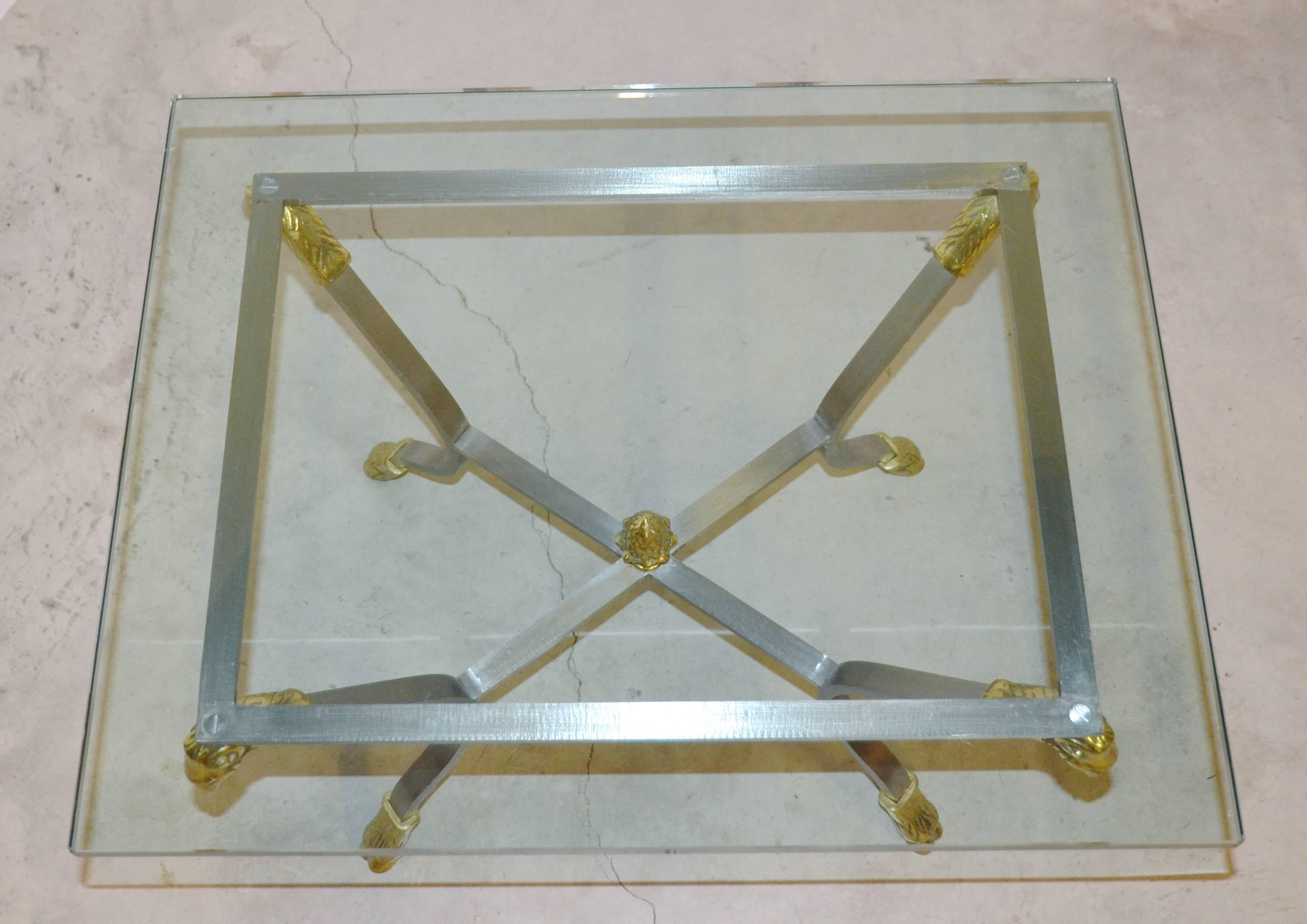 Neoclassical Jansen Style Pair of Steel, Brass and Glass Side Tables
