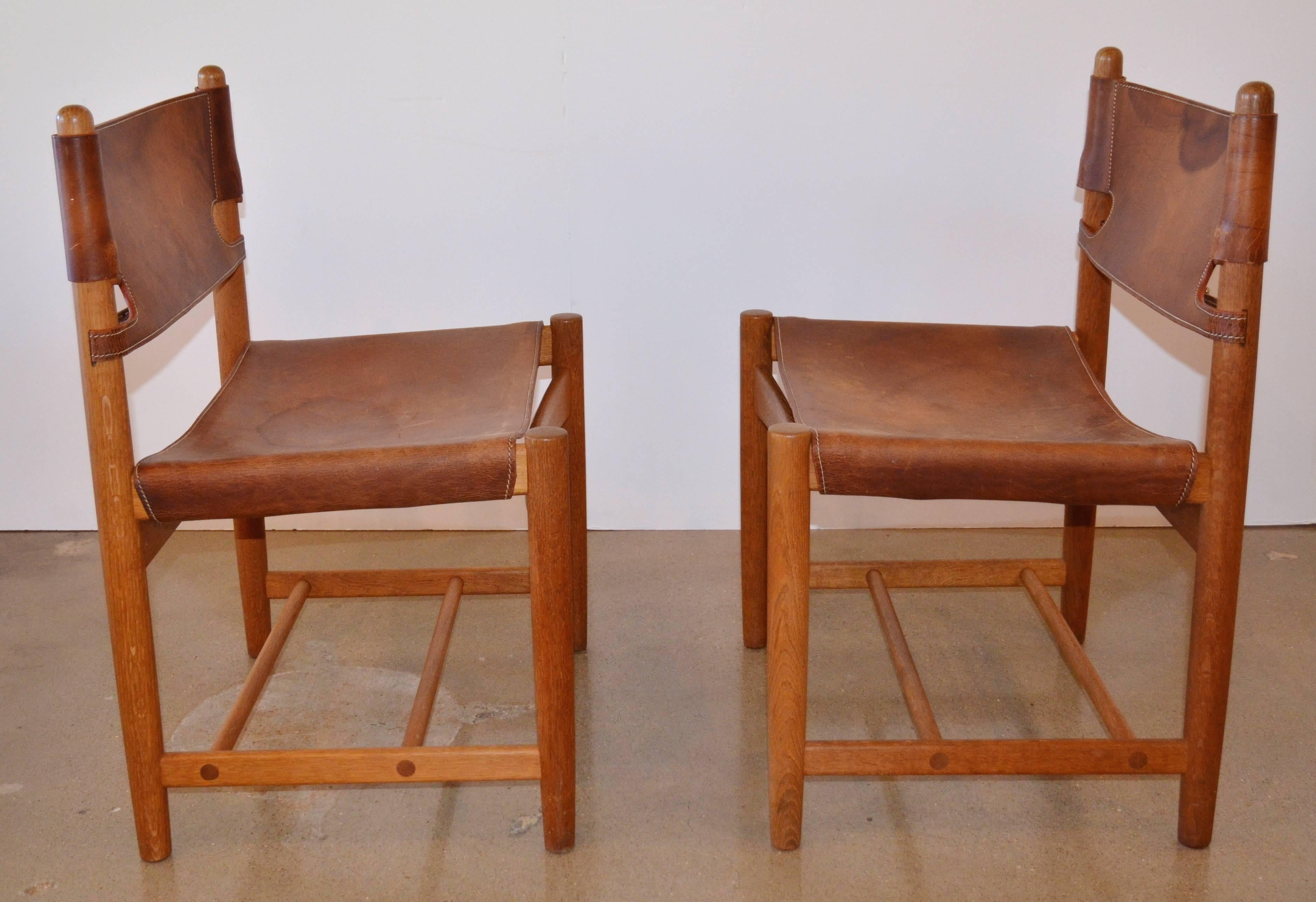 Brass Pair of Børge Mogensen Leather Hunting Chairs Model 3237