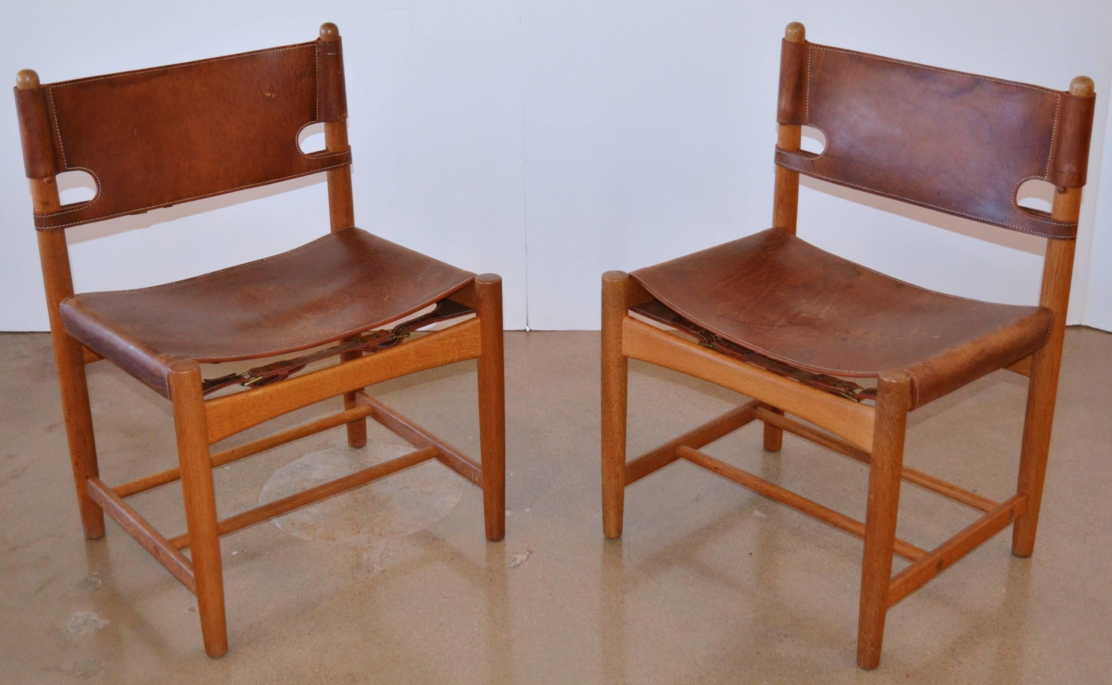 Brass Pair of Børge Mogensen Leather Hunting Chairs Model 3237