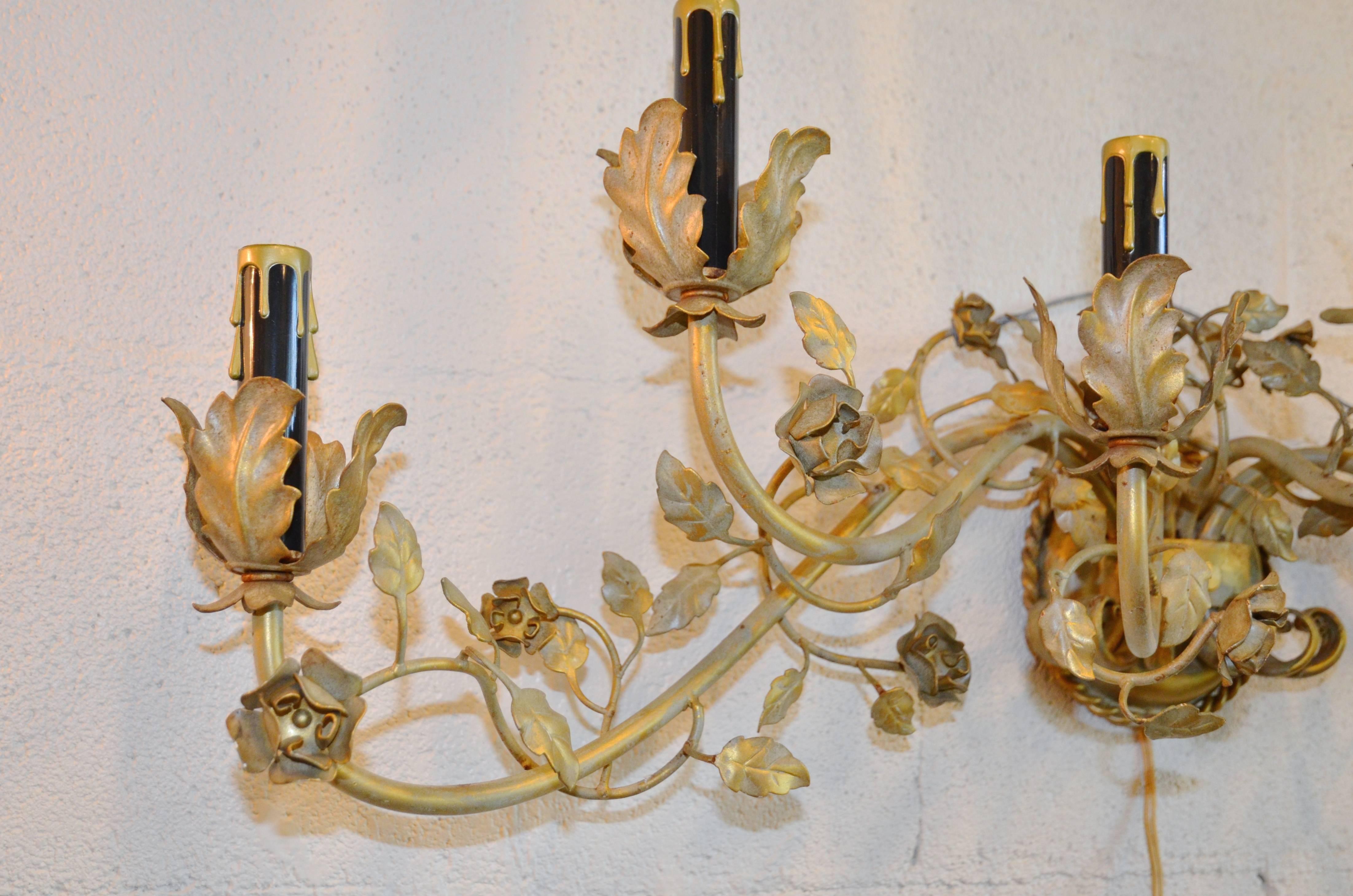 Pair of Gilt Floral Tole Sconces 2