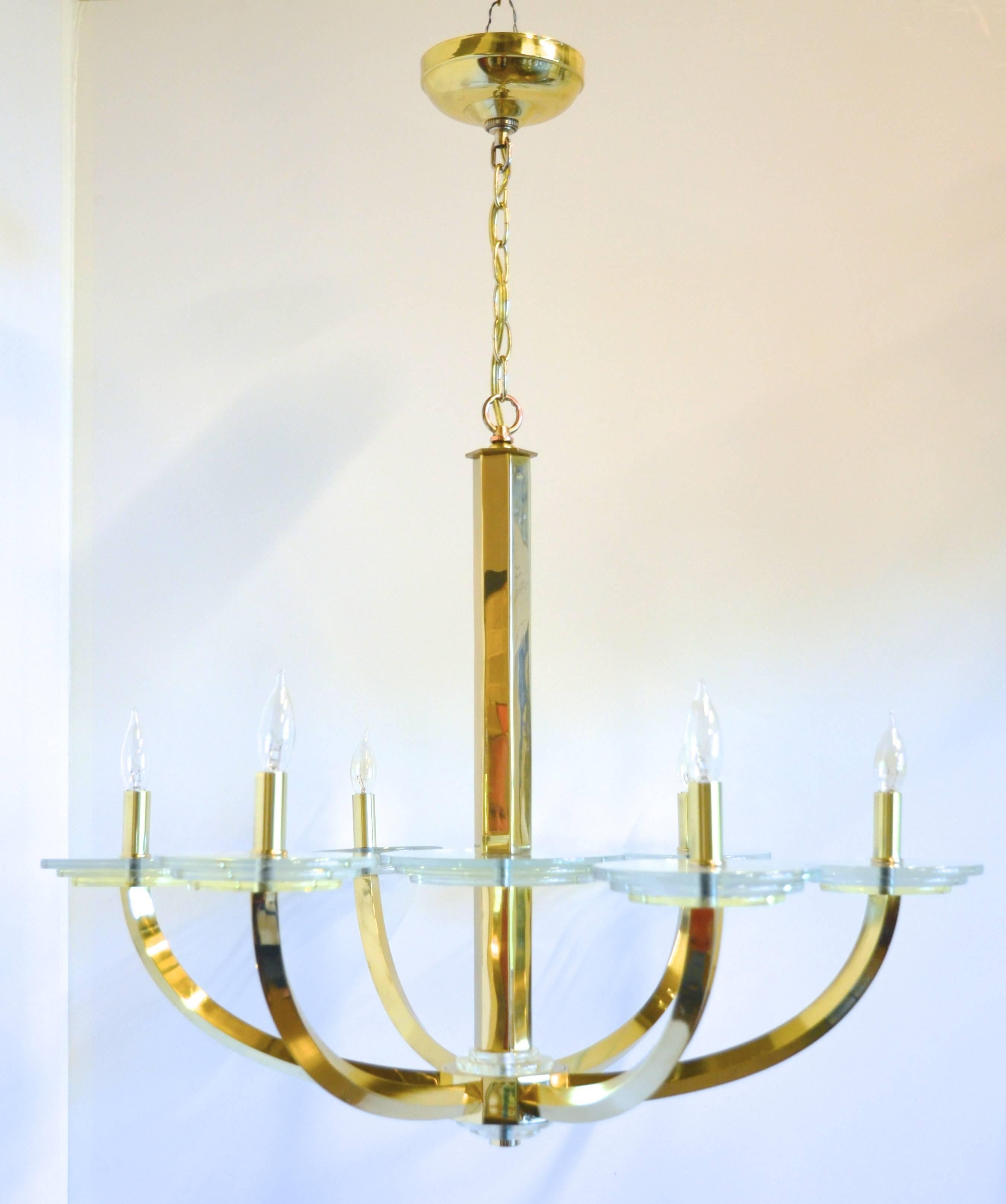 Handsome mid-century six-armed brass chandelier with acrylic or Lucite discs. Rewired, polished and in near perfect condition. Canopy is 5.5" in diameter with the canopy and chain the fixture measures 35" from top to bottom.  In the style