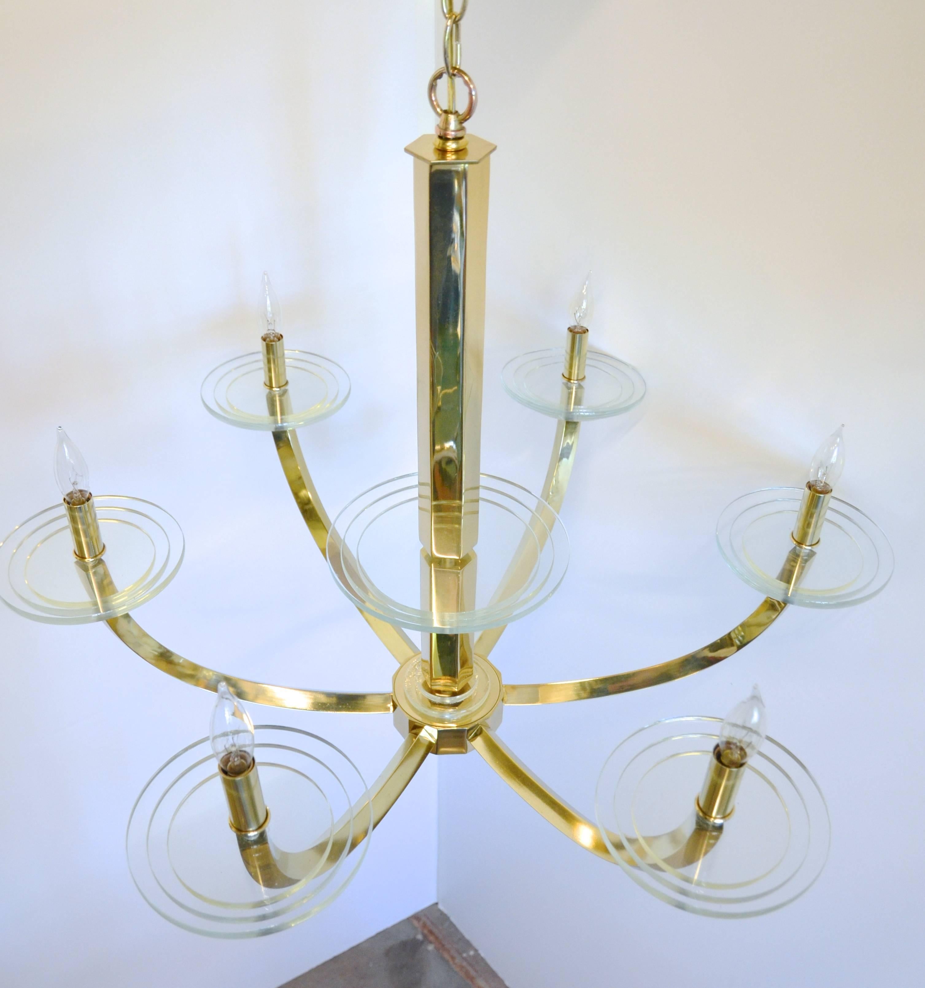 American Brass and Acrylic Chandelier, Parzinger Style
