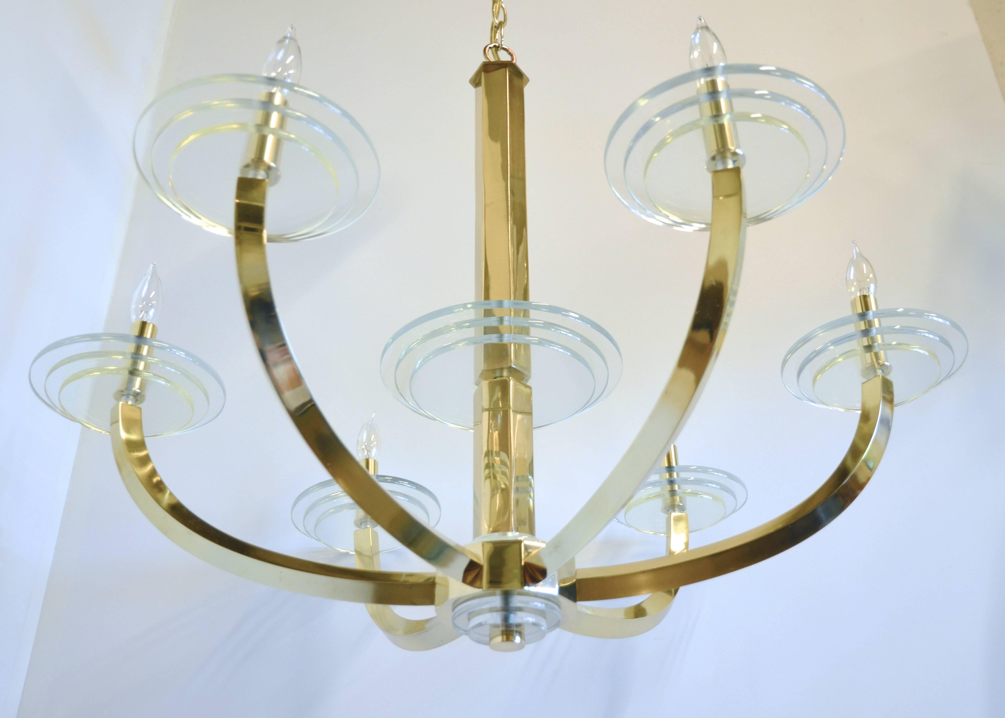 Brass and Acrylic Chandelier, Parzinger Style In Excellent Condition In Austin, TX