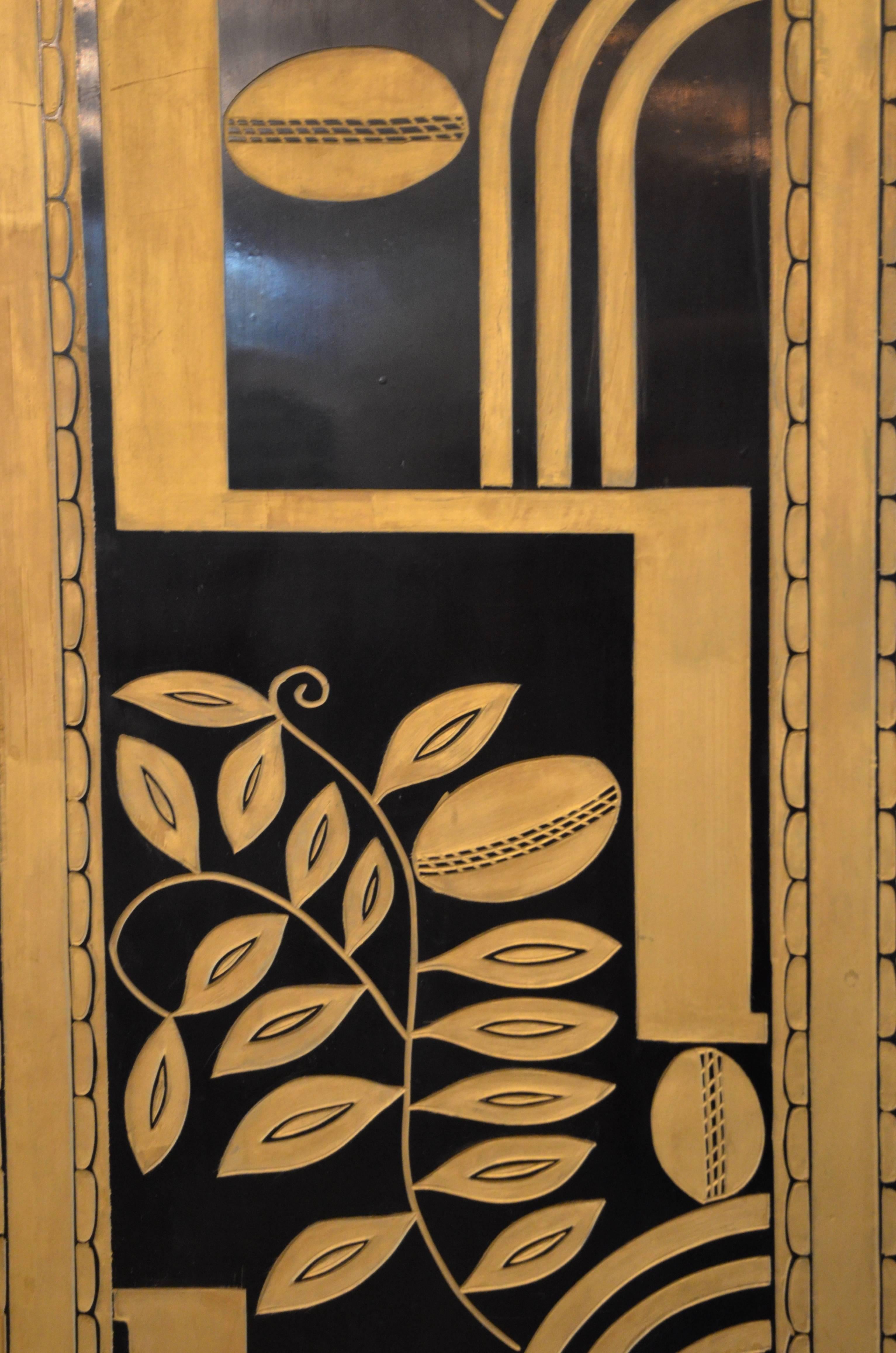 Art Deco Black Lacquer and Gold Screen:  Paul Fehér