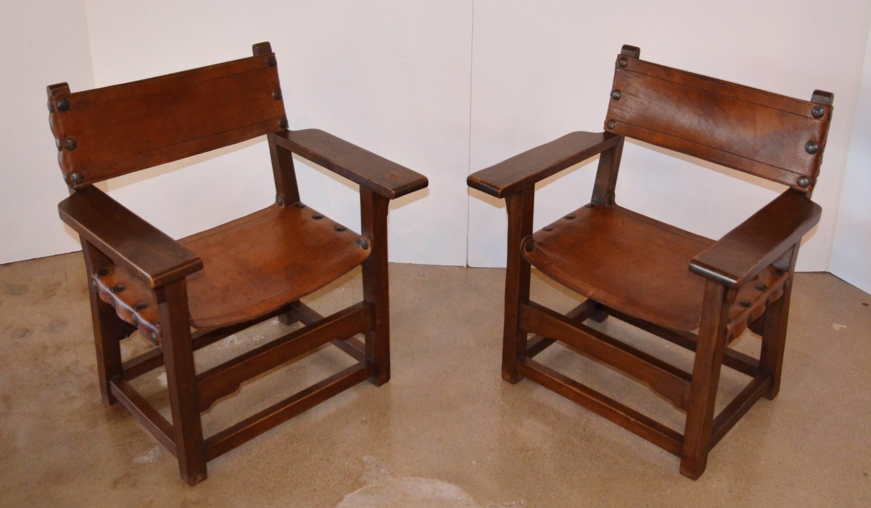 Spanish Colonial Leather Arm Chairs - Pair 3
