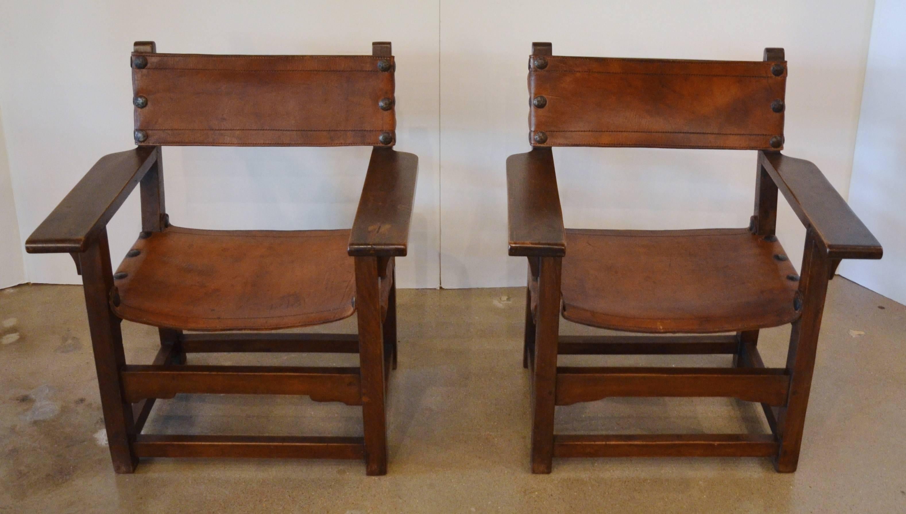 Spanish Colonial Leather Arm Chairs - Pair 4