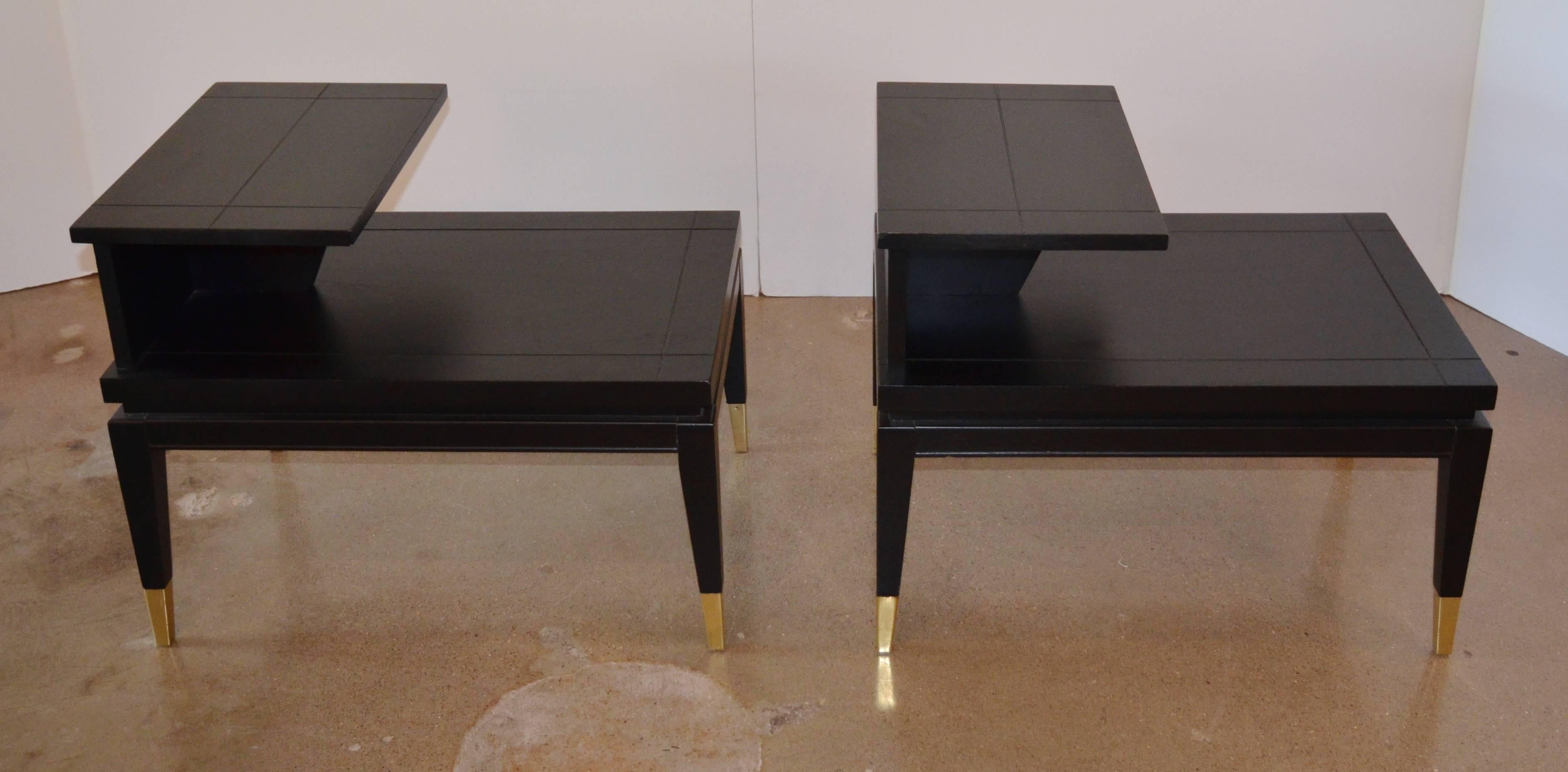 Mid-Century Modern Pair of Tiered Black Ebony Side Tables by Lane
