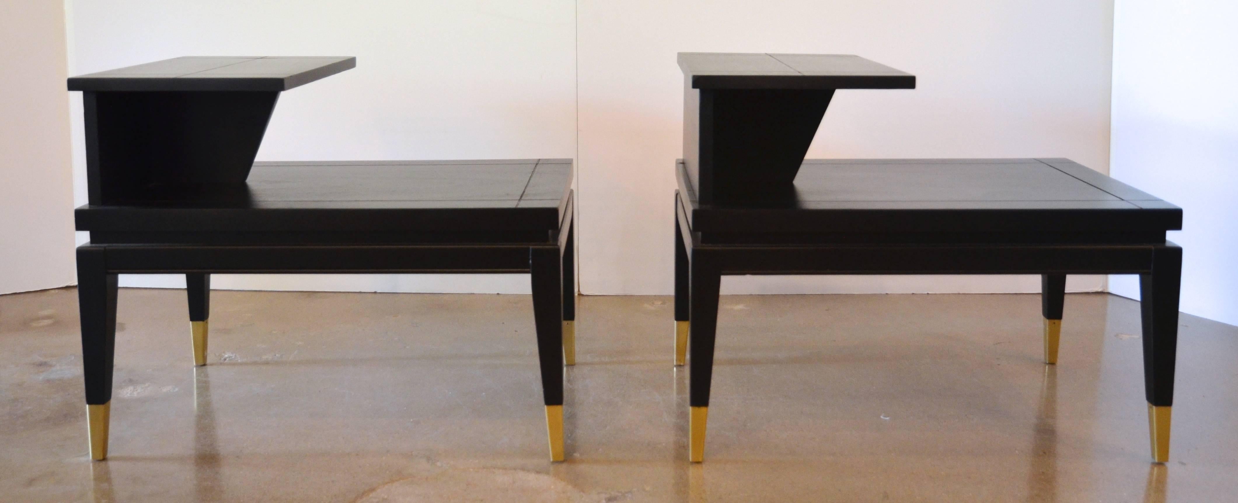 American Pair of Tiered Black Ebony Side Tables by Lane