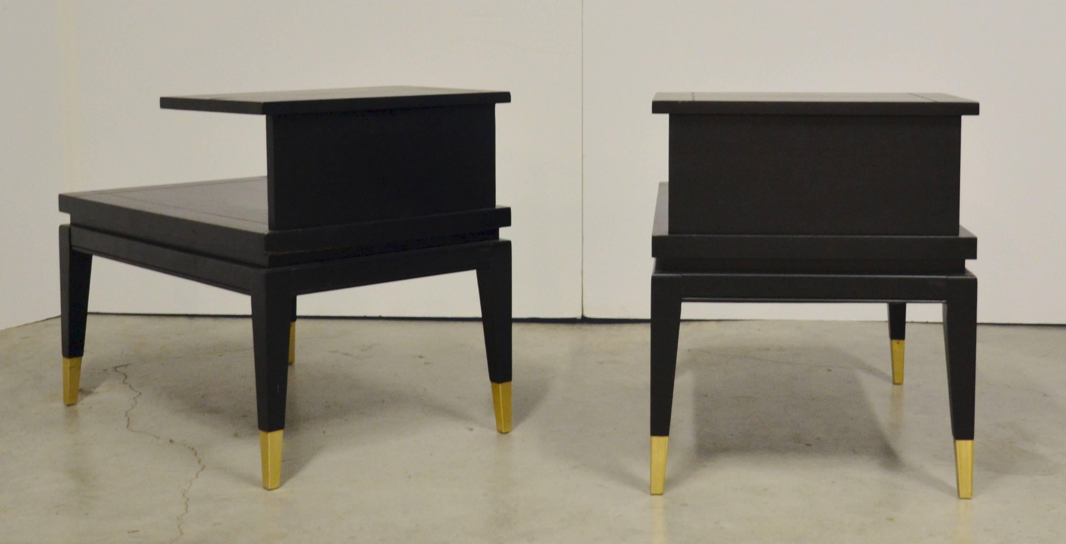 Wood Pair of Tiered Black Ebony Side Tables by Lane