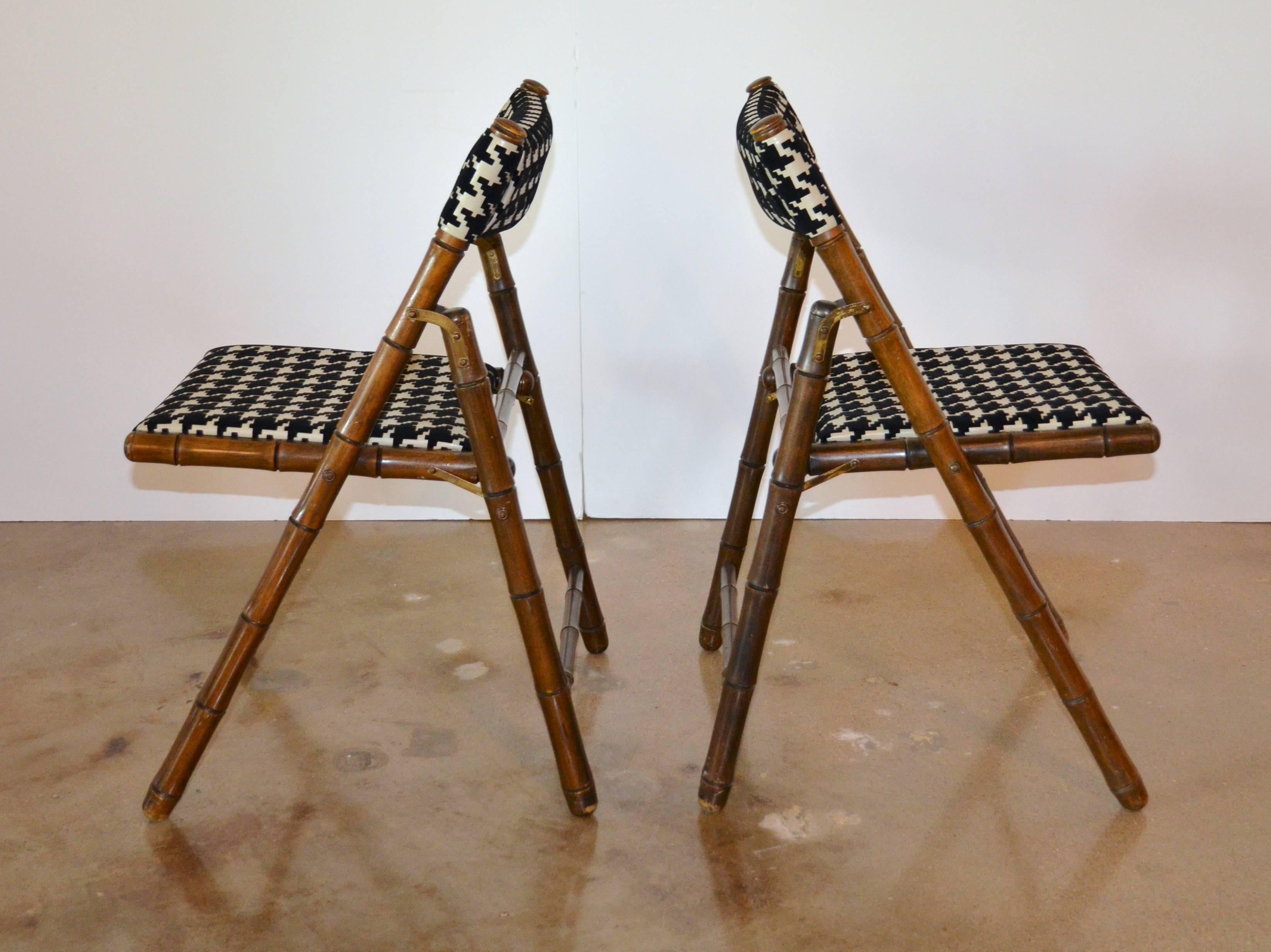 Billy Haines Style Folding Chairs, Faux Bamboo and Houndstooth:  Set of Six In Good Condition In Austin, TX