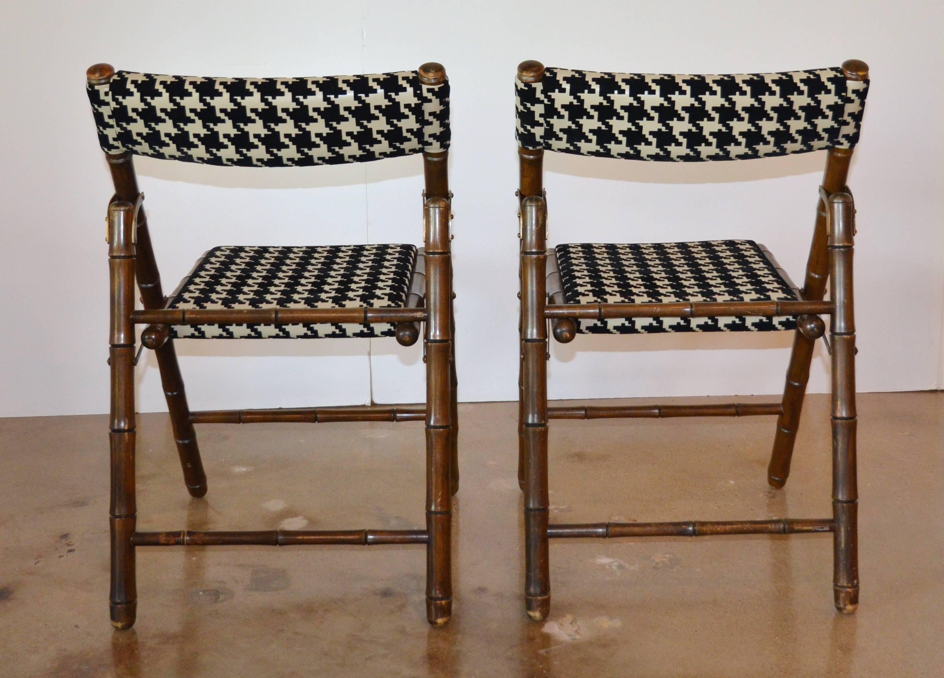 American Billy Haines Style Folding Chairs, Faux Bamboo and Houndstooth:  Set of Six