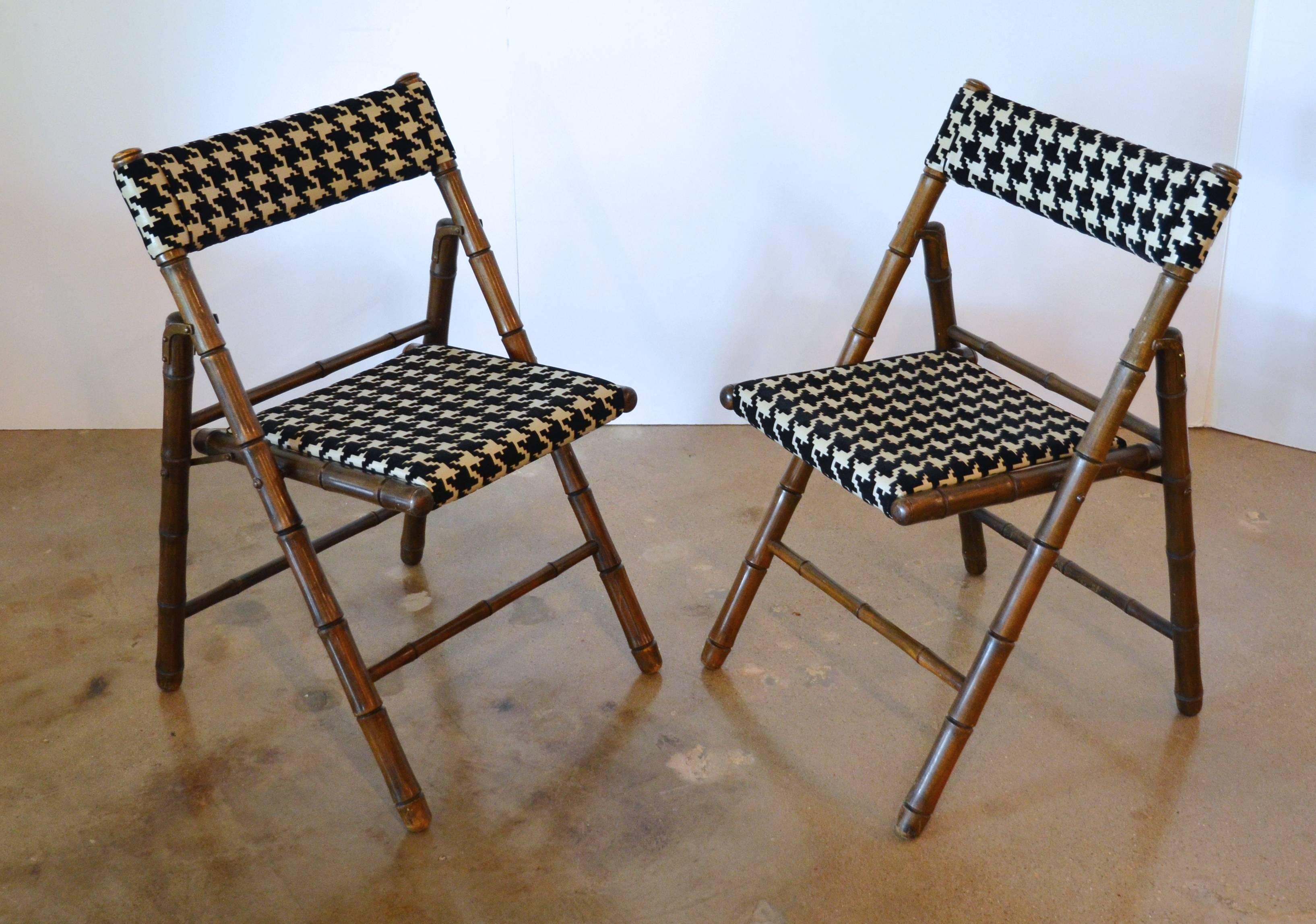 Upholstery Billy Haines Style Folding Chairs, Faux Bamboo and Houndstooth:  Set of Six