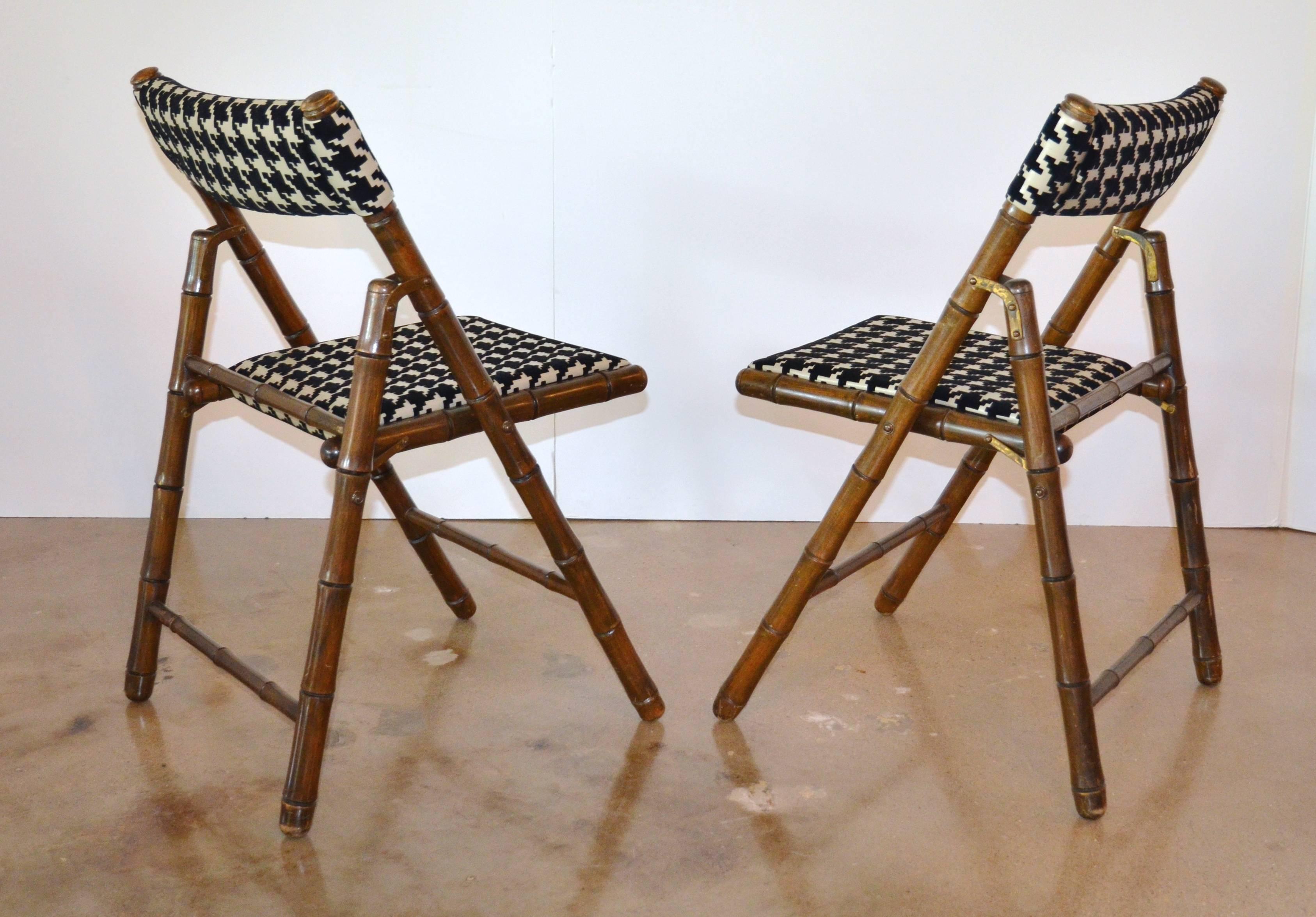Billy Haines Style Folding Chairs, Faux Bamboo and Houndstooth:  Set of Six 1