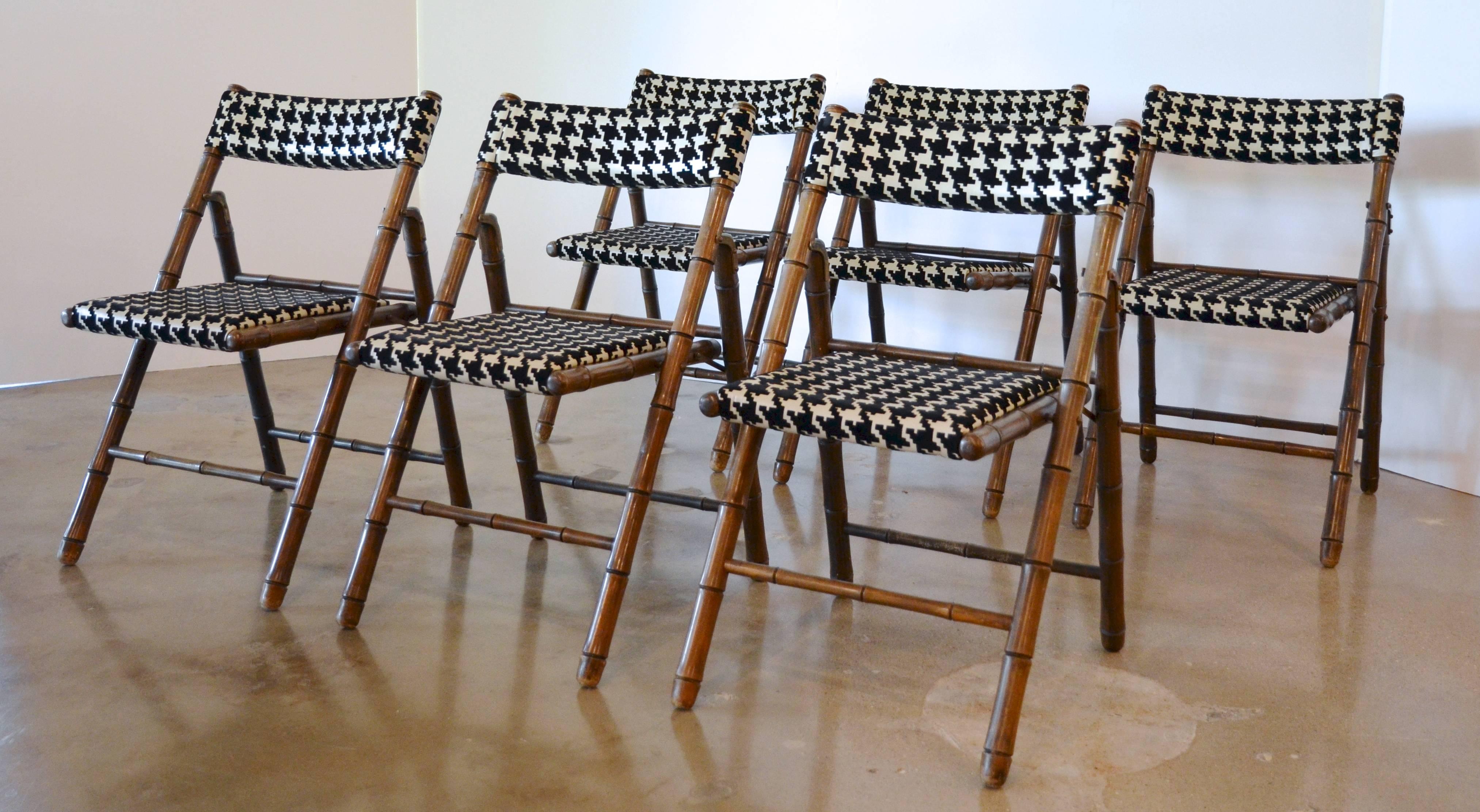 Billy Haines Style Folding Chairs, Faux Bamboo and Houndstooth:  Set of Six 2