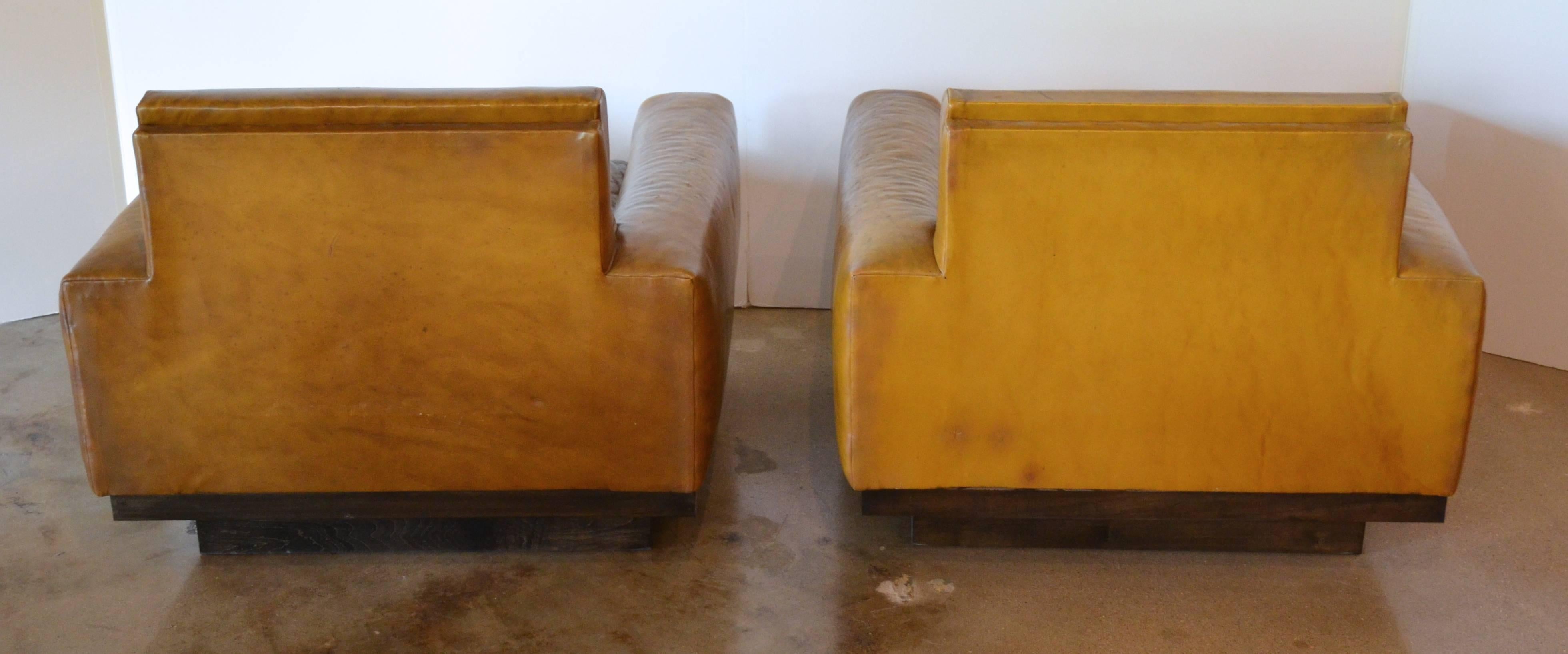 Mid-Century French Cognac Leather Club Chairs and Ottoman In Good Condition In Austin, TX