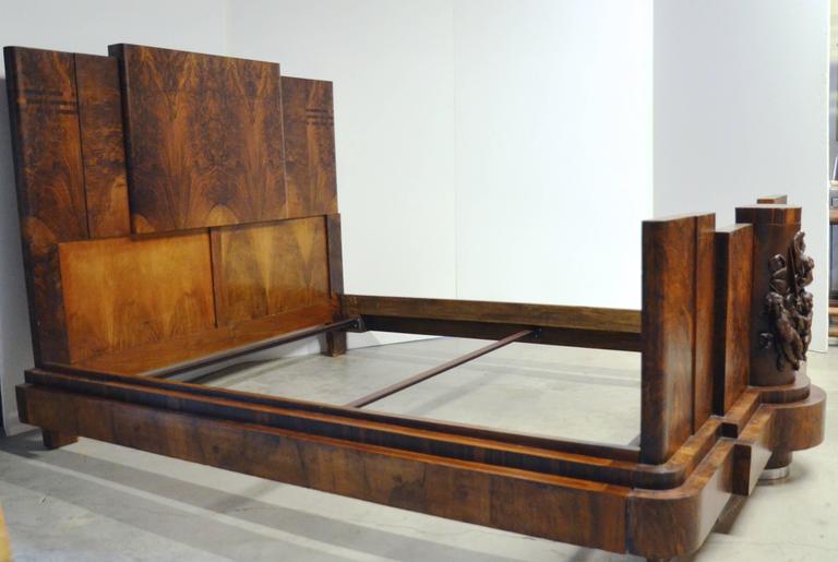Italian Art Deco Walnut Burl and Carved Queen Bed at 1stDibs