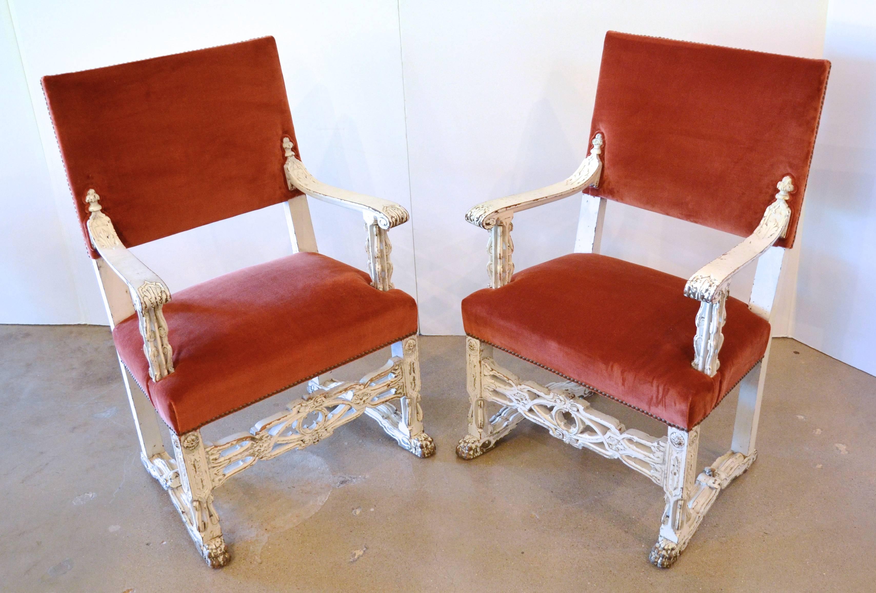 Painted Neo-Gothic White Carved Armchairs, Pair