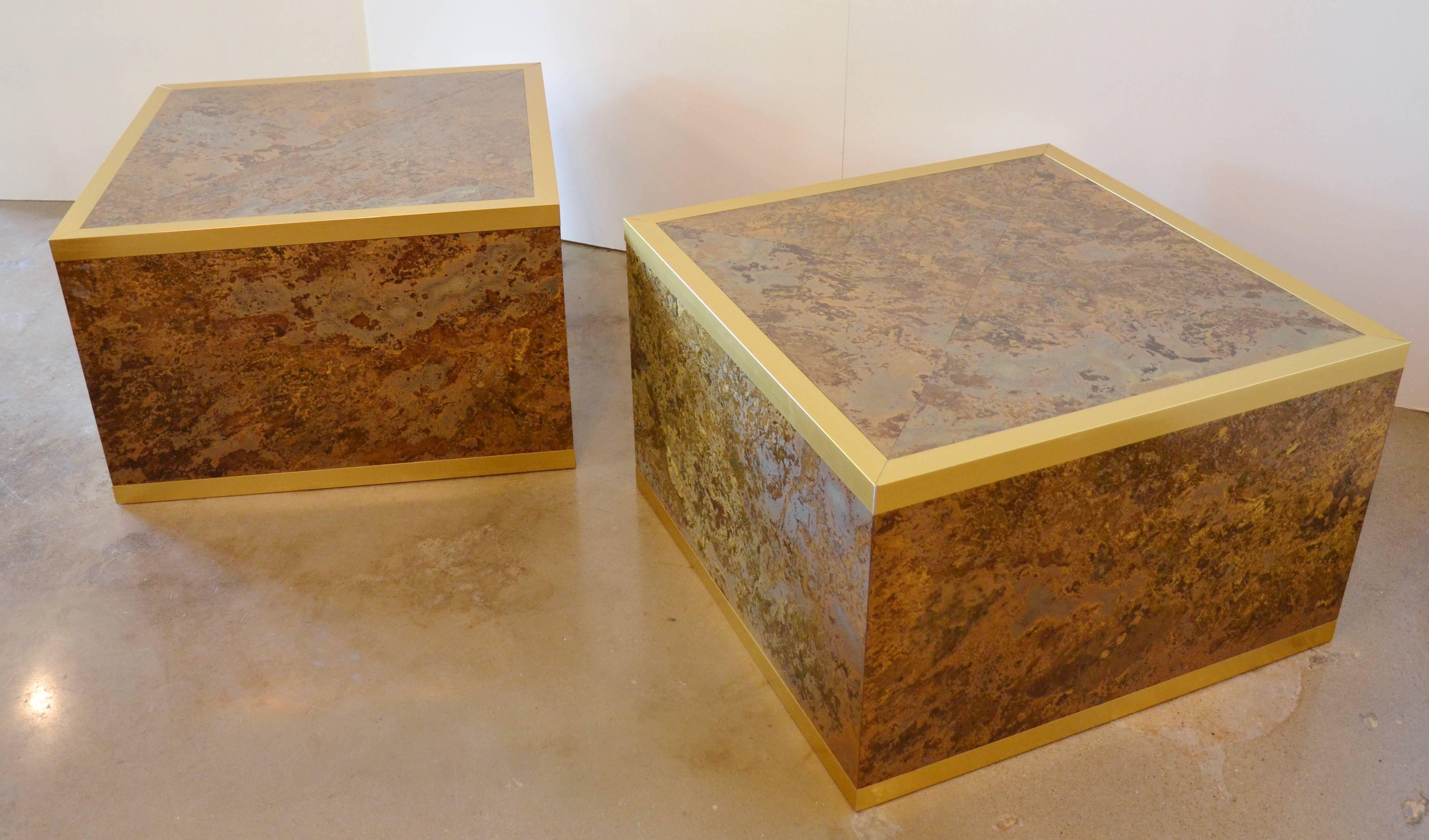 Laminate Faux Tortoise Shell and Brass Cube Tables by Lane