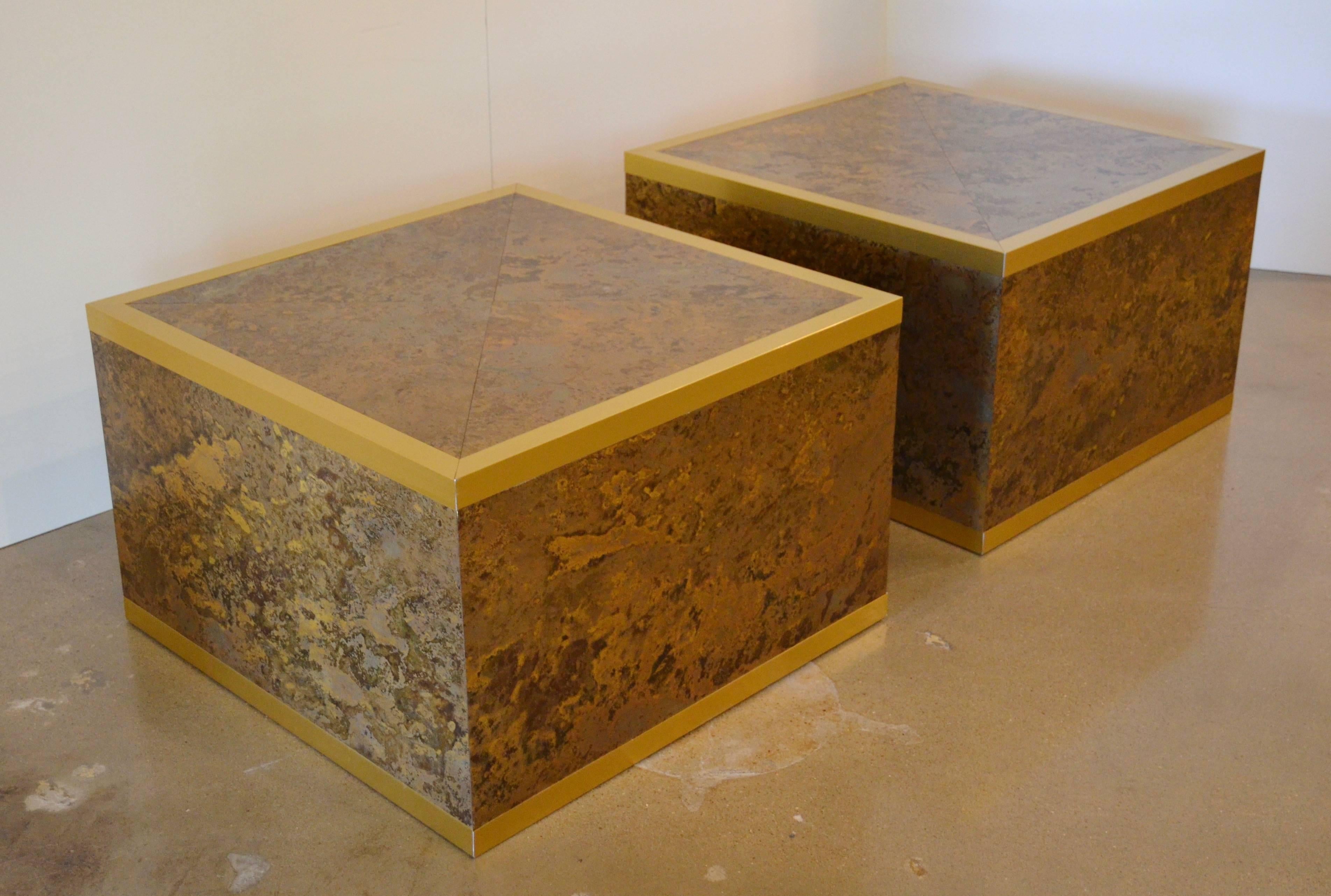 Mid-Century Modern Faux Tortoise Shell and Brass Cube Tables by Lane
