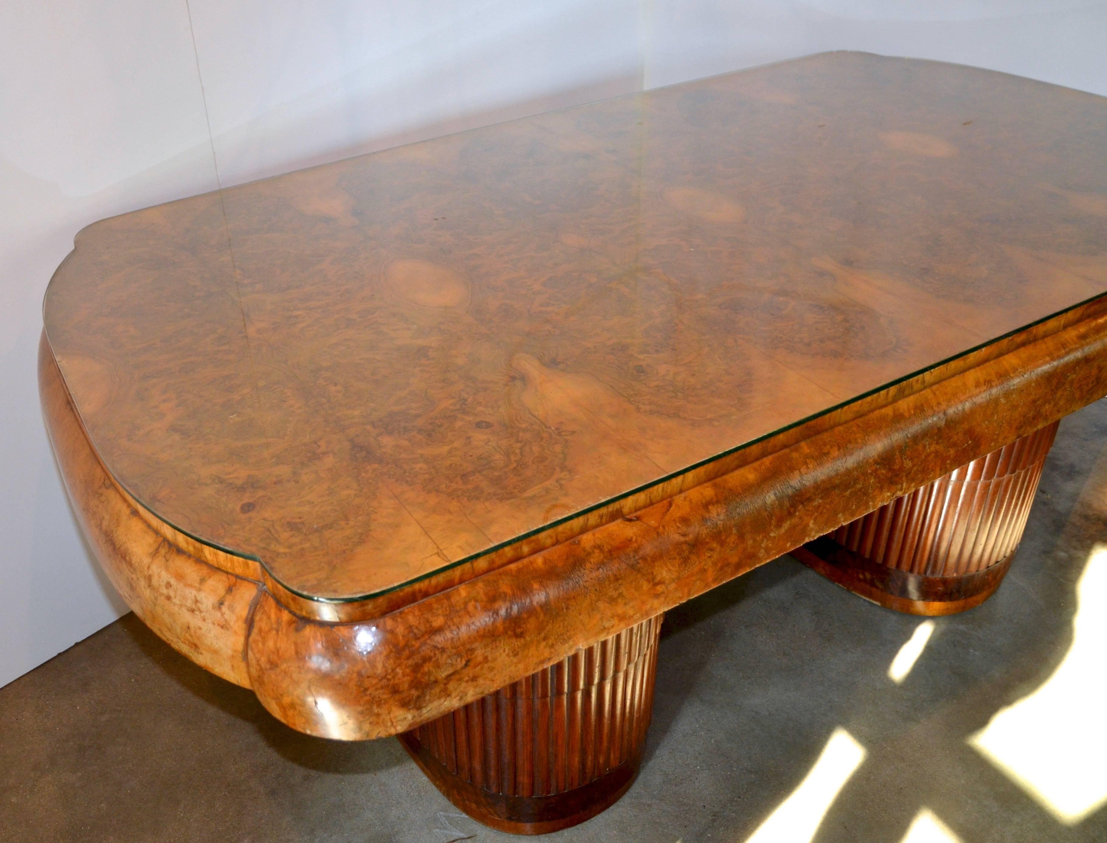 20th Century French 1940's Desk or Dining Table with Adjustable Bases, Burl and Glass Top