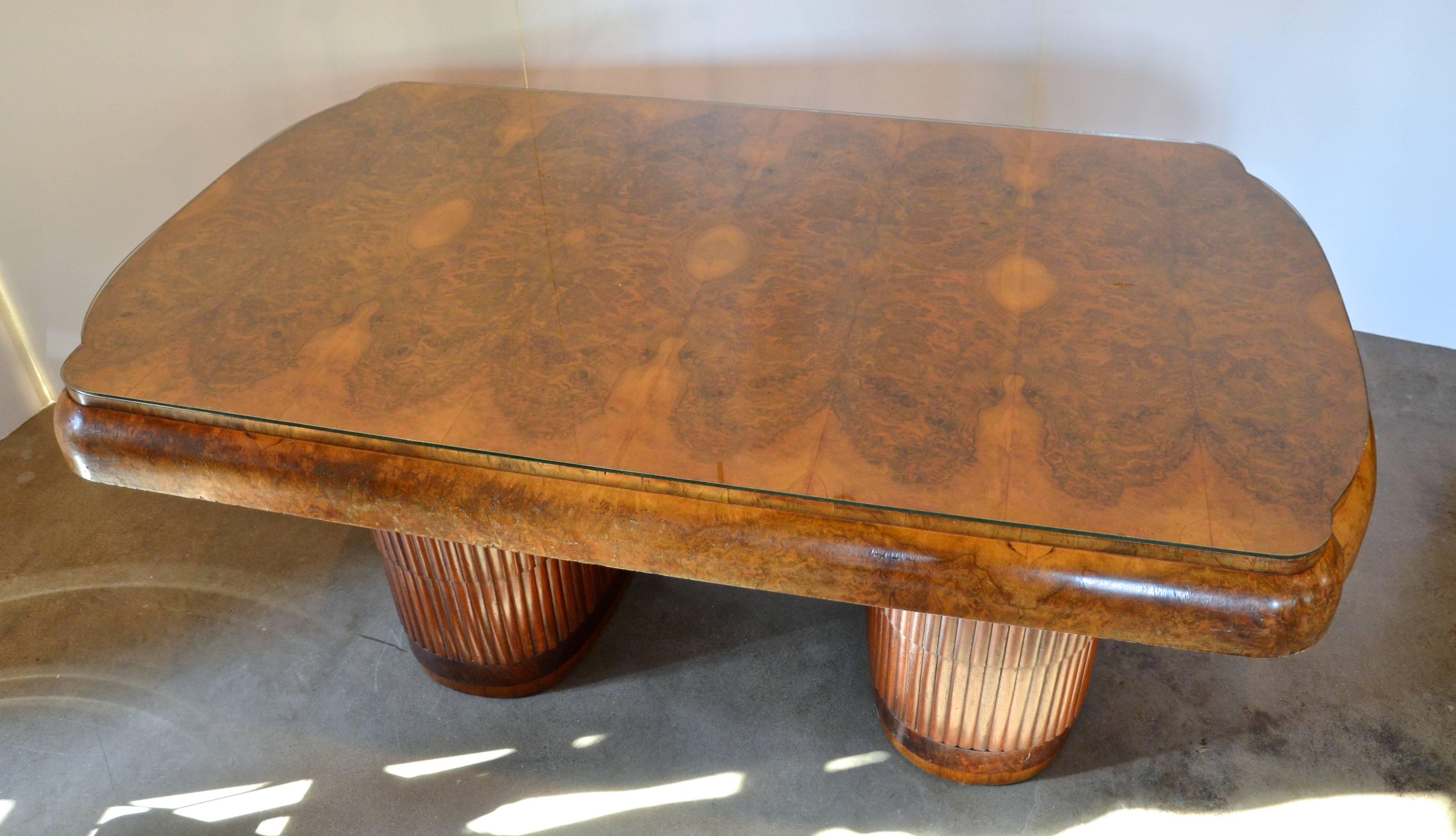 Art Deco French 1940's Desk or Dining Table with Adjustable Bases, Burl and Glass Top