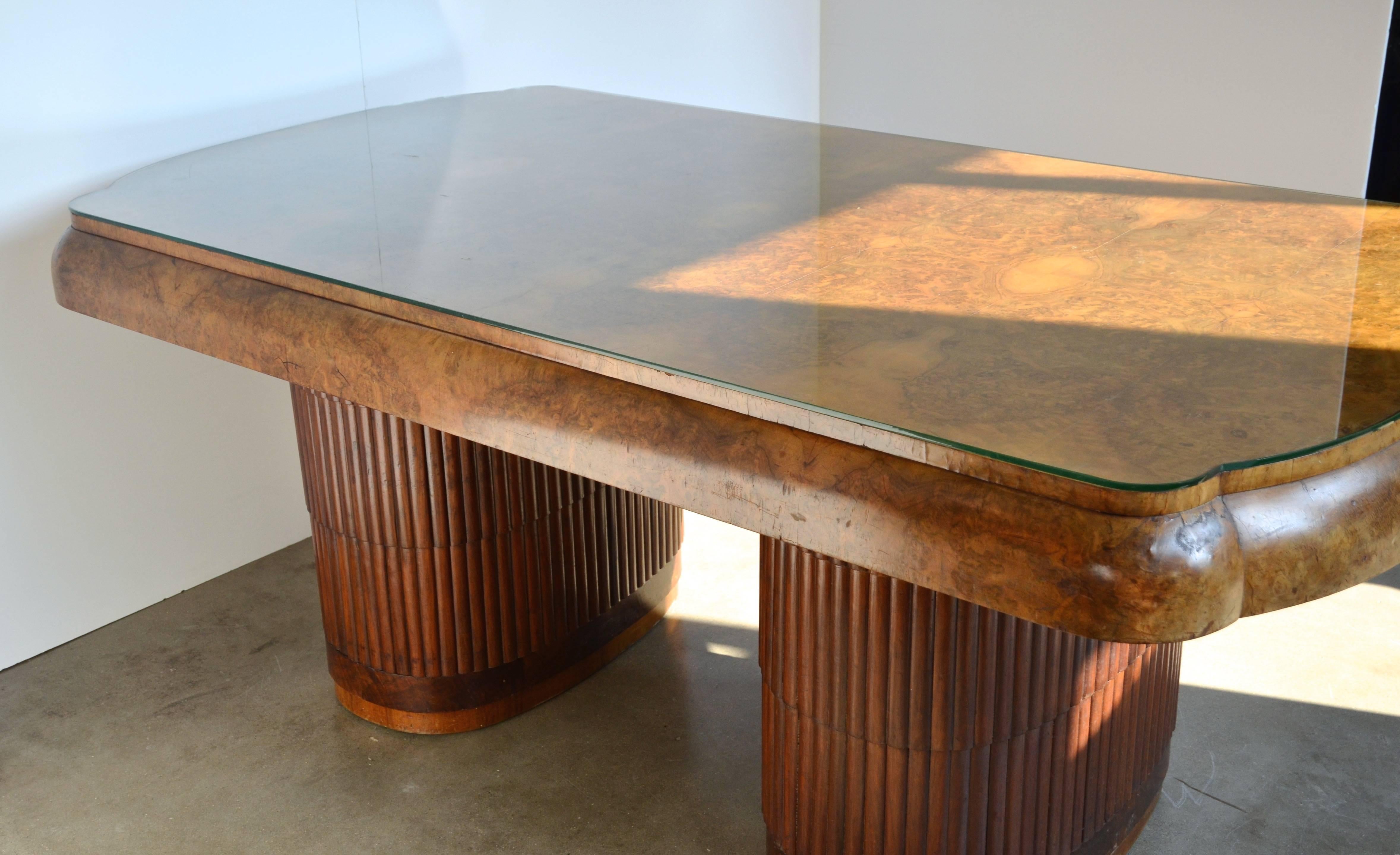 French 1940's Desk or Dining Table with Adjustable Bases, Burl and Glass Top 2