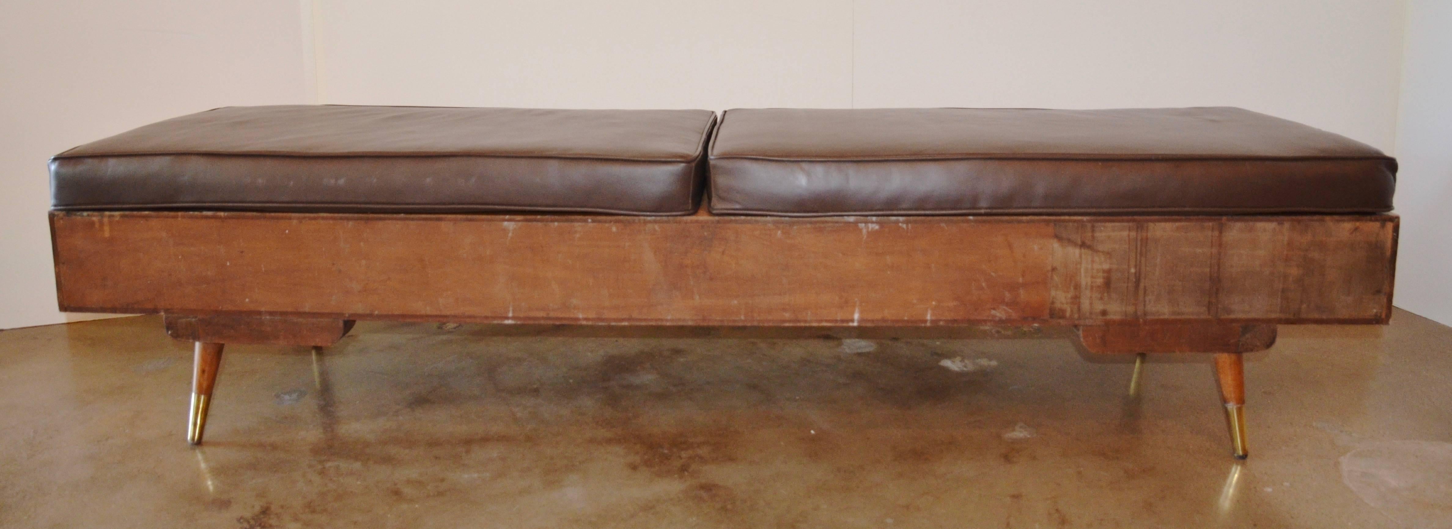 Mid-Century Bench with Drawers and Leather Cushions 1