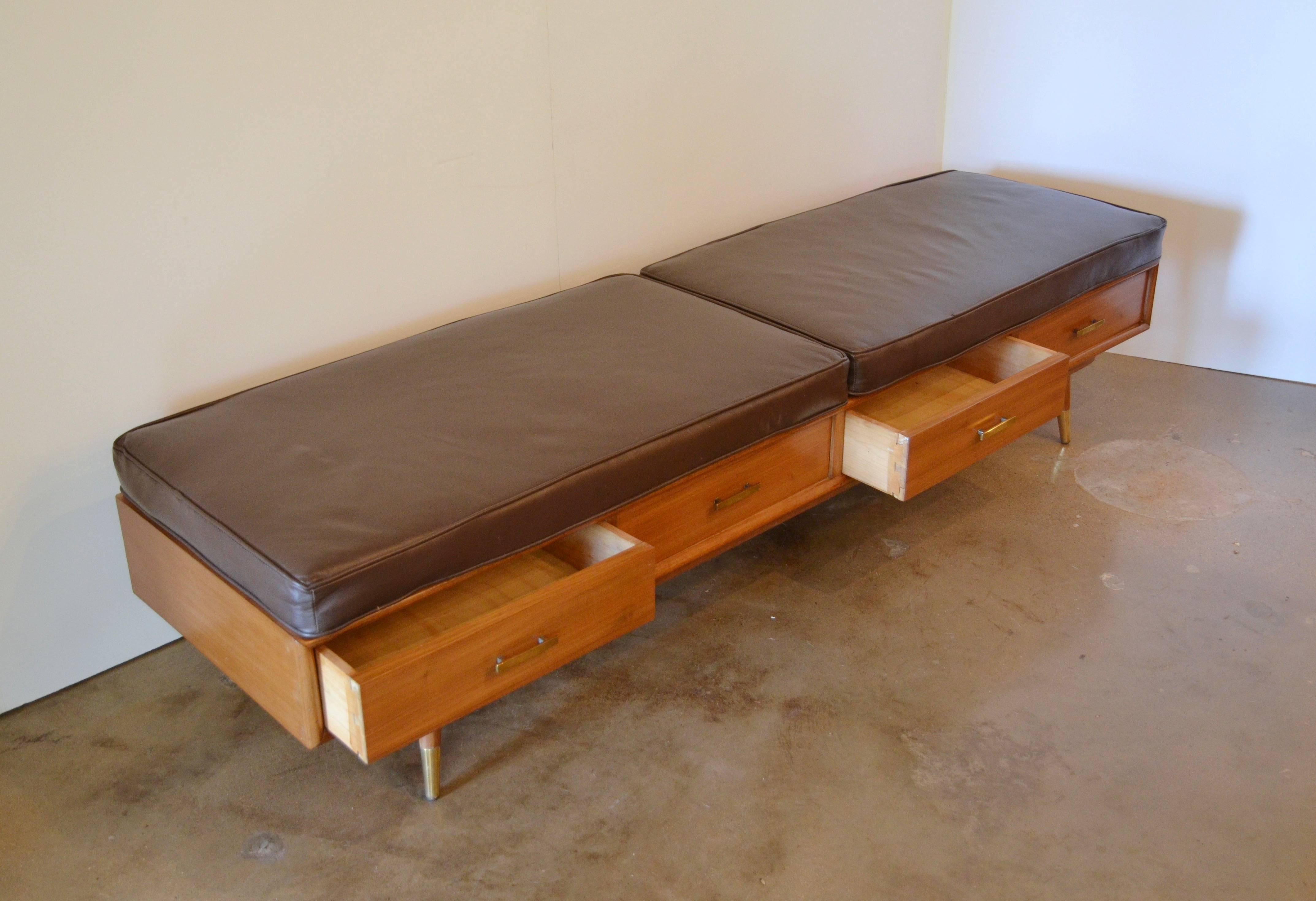 20th Century Mid-Century Bench with Drawers and Leather Cushions